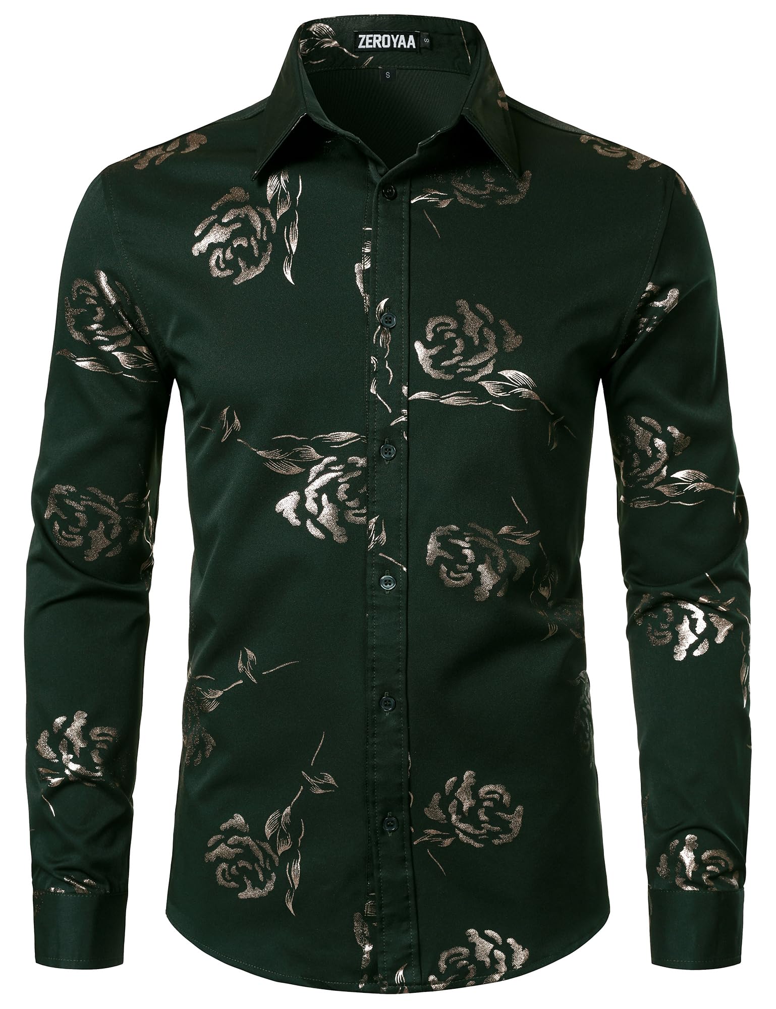 ZEROYAA Mens Hipster Rose Printed Slim Fit Long Sleeve Dress Shirts Prom Performing Shirts