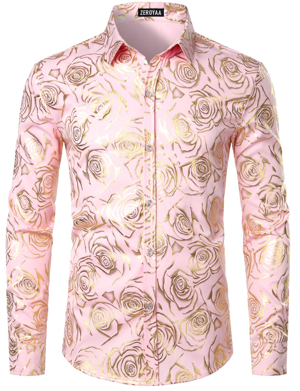 ZEROYAA Mens Hipster Rose Printed Slim Fit Long Sleeve Dress Shirts Prom Performing Shirts