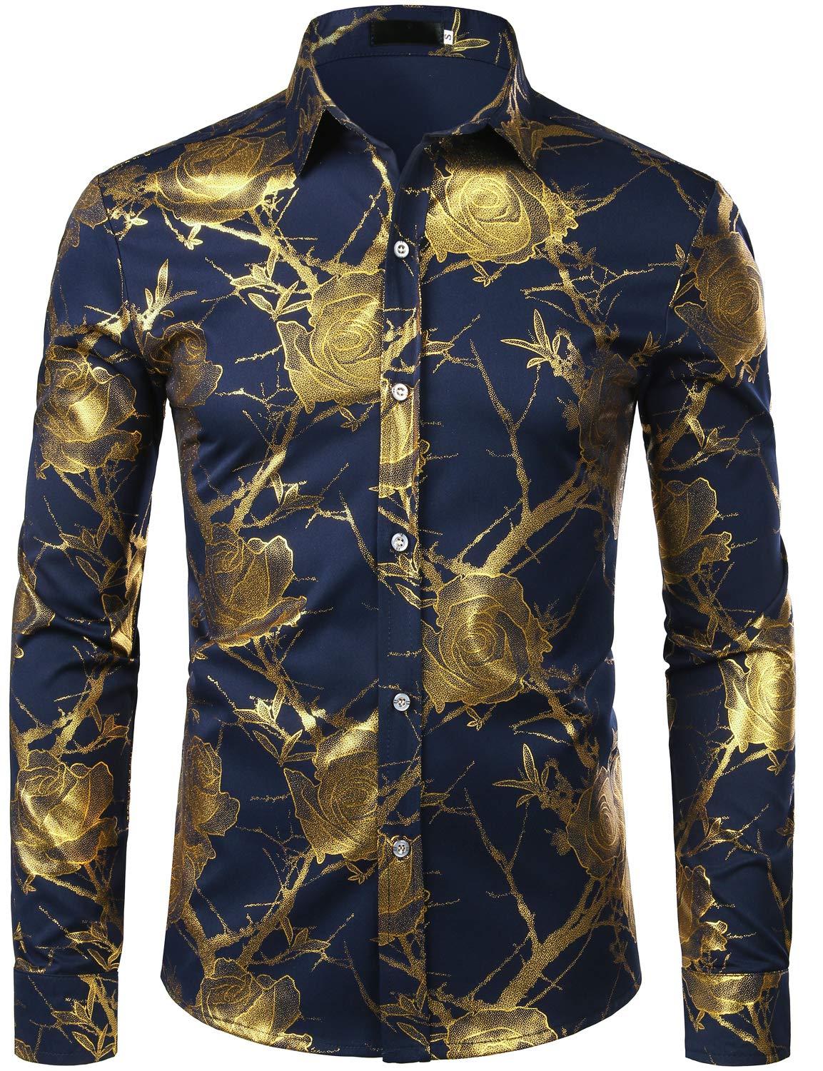 ZEROYAA Mens Hipster 3D Golden Rose Floral Printed Slim Fit Long Sleeve Button Down Dress Shirts