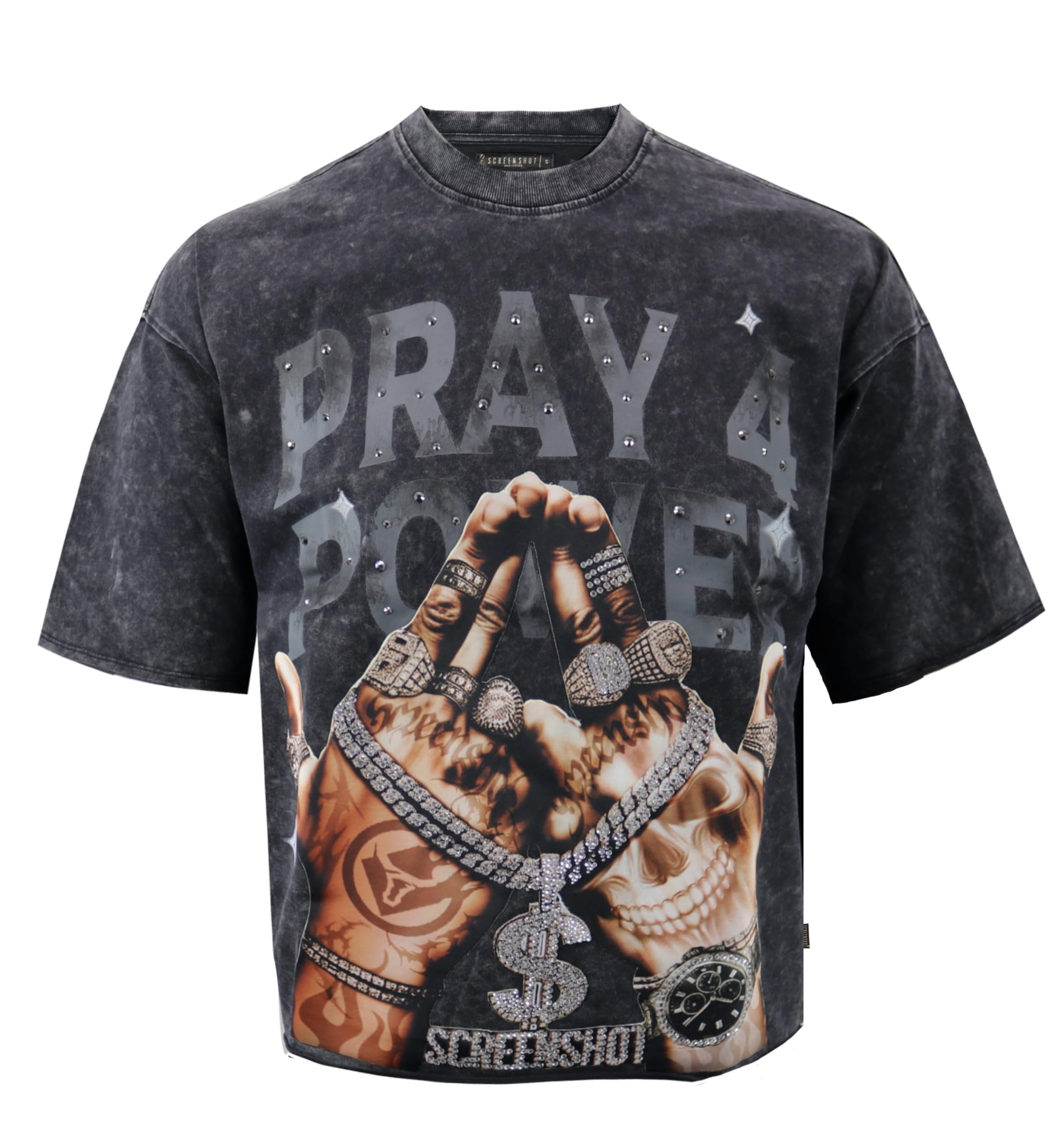 SCREENSHOT Mens Oversized Heavyweight Premium 260GSM 100% Cotton Cropped Boxy Streetwear Fit Rhinestone Designer Tee
