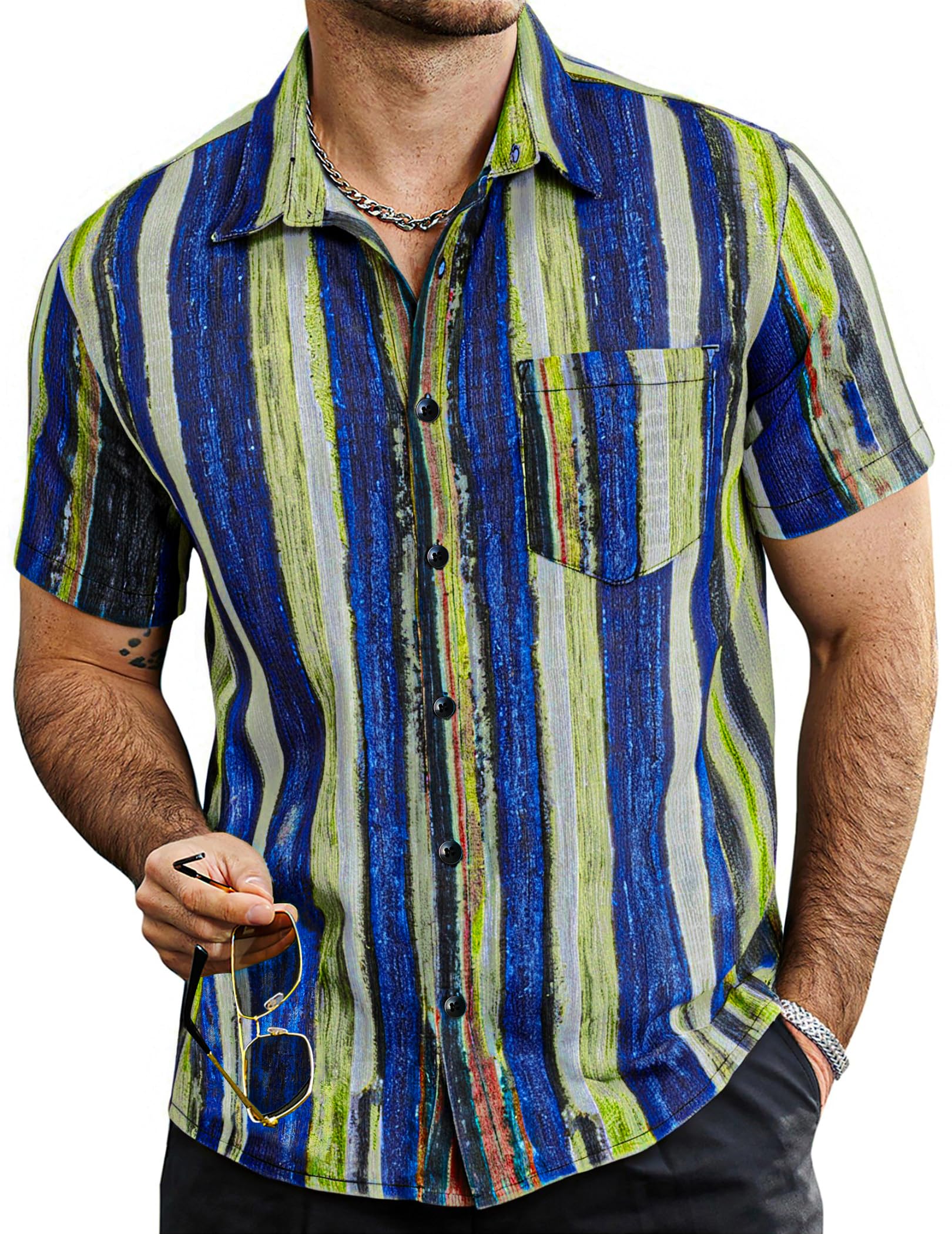 VATPAVE Mens Summer Striped Shirts Button Down Short Sleeve Vintage Beach Hawaiian Shirts with Pocket