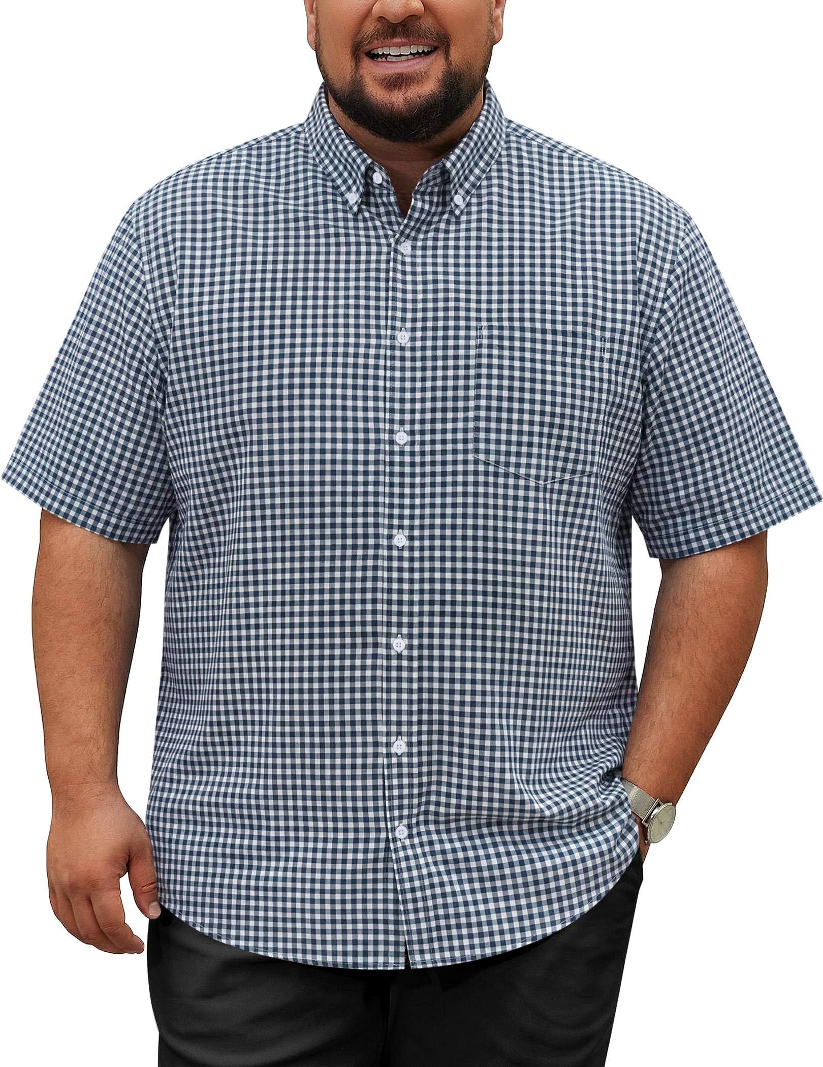 COOFANDY Mens Big and Tall Shirts Short Sleeve Casual Button Down Plaid Shirt Wrinkle Free Dress Shirt with Pocket