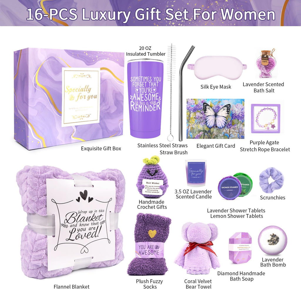 Spa Gifts for Women, Lavender 16 Pcs Mothers Day Gifts for Mom Wife Friend Daughter Sister, Self Care Gift Baskets for Women, Thank You, Get Well, Sympathy Inspirational Care Package Spa Basket
