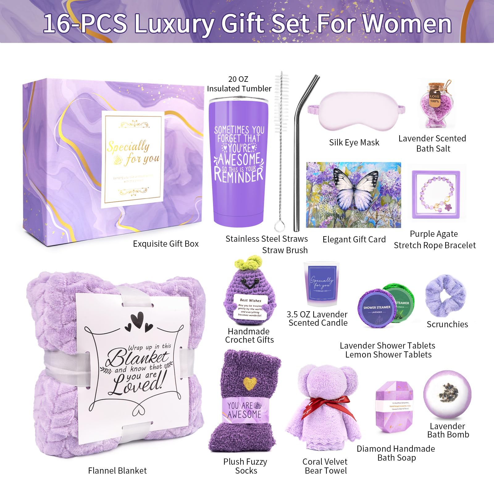 Spa Gifts for Women, Lavender 16 Pcs Mothers Day Gifts for Mom Wife Friend Daughter Sister, Self Care Gift Baskets for Women, Thank You, Get Well, Sympathy Inspirational Care Package Spa Basket