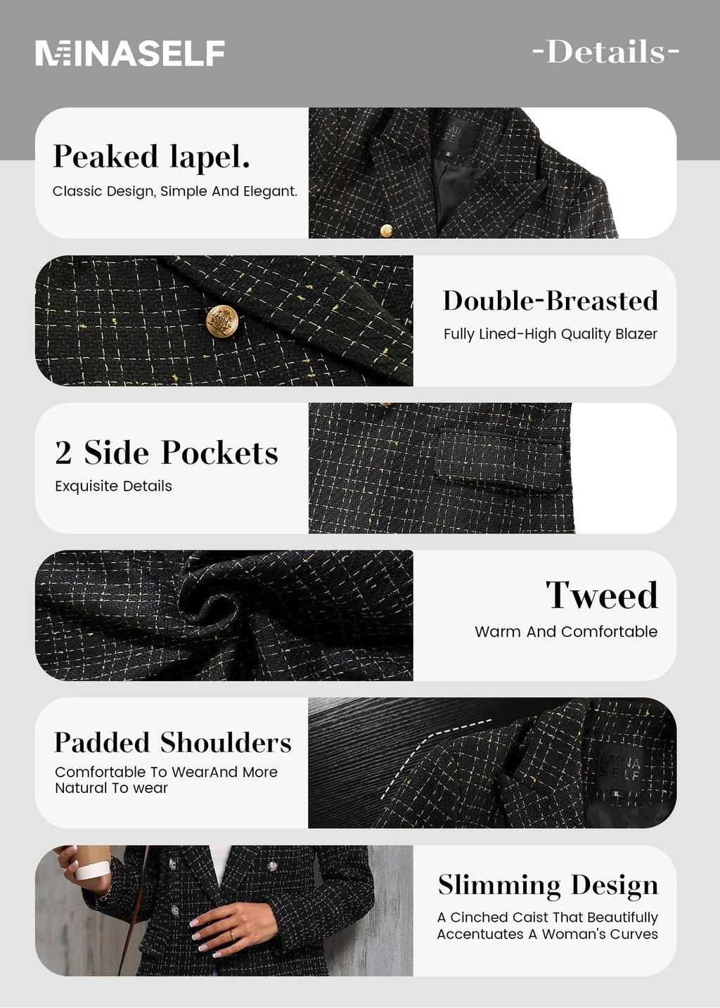 Mina Self 2026 Women's Tweed Plaid Blazer Jacket - Fully Lined Fashion Business Casual Elegant Work Coat with Pockets