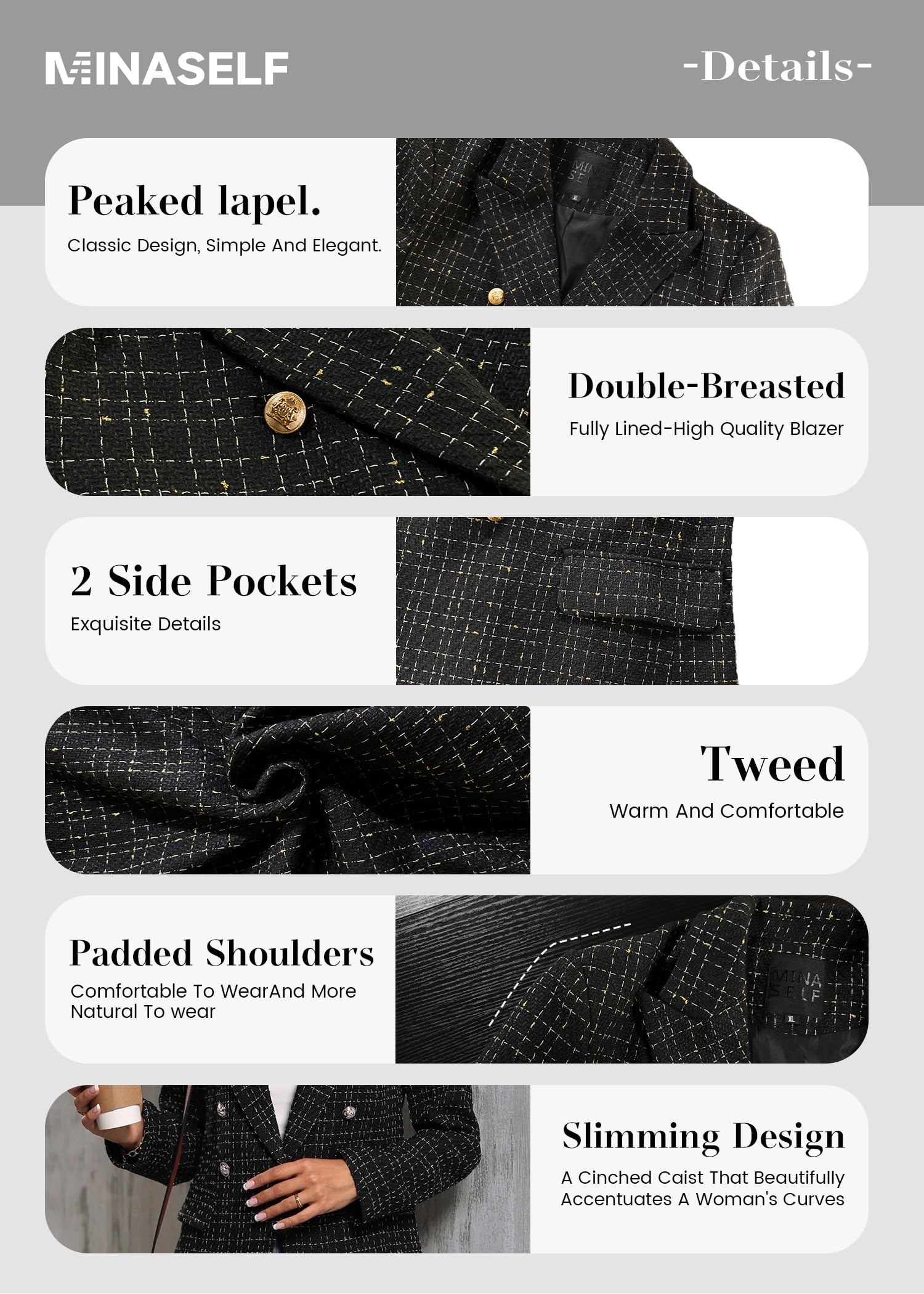 Mina Self 2026 Women's Tweed Plaid Blazer Jacket - Fully Lined Fashion Business Casual Elegant Work Coat with Pockets