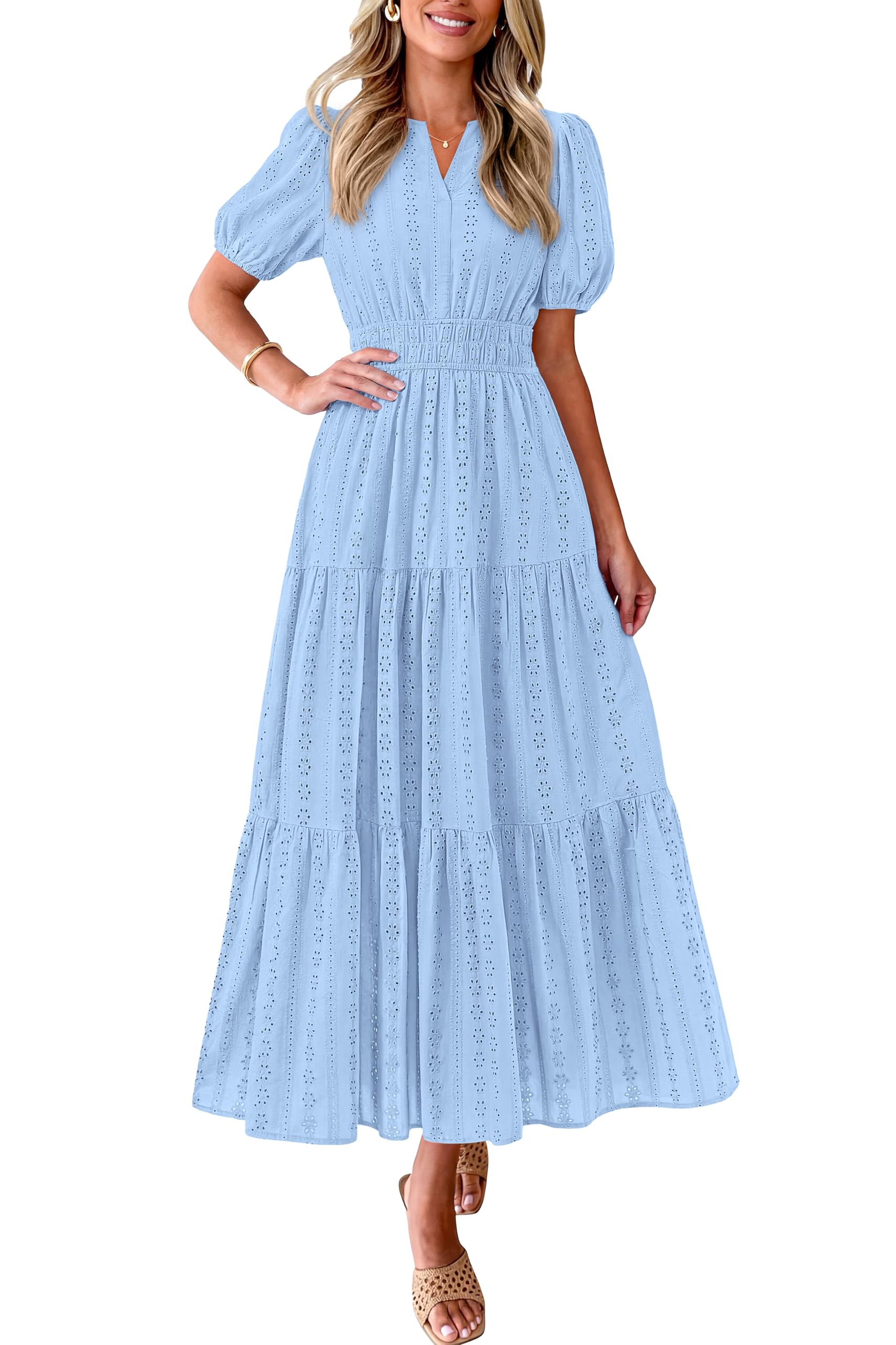 PRETTYGARDEN Womens Summer Maxi Dresses 2026 Casual Puff Sleeve V Neck Smocked Flowy Eyelet Cotton Dress Spring Sundress