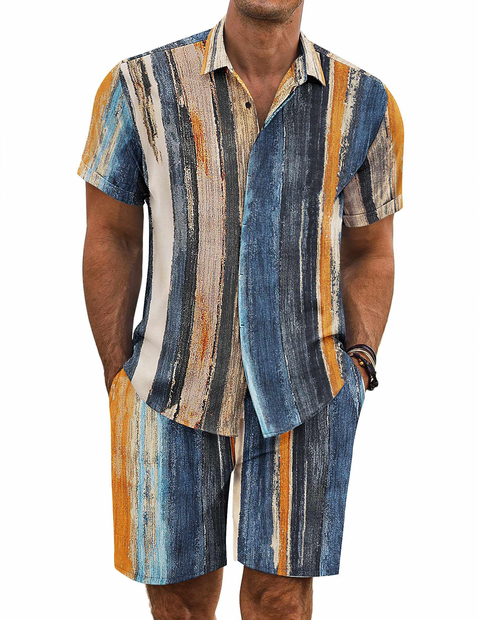 COOFANDY Men's Summer Beach Outfits 2 Piece Short Sleeve Shirts and Shorts Vacation Texture Linen Sets for Men