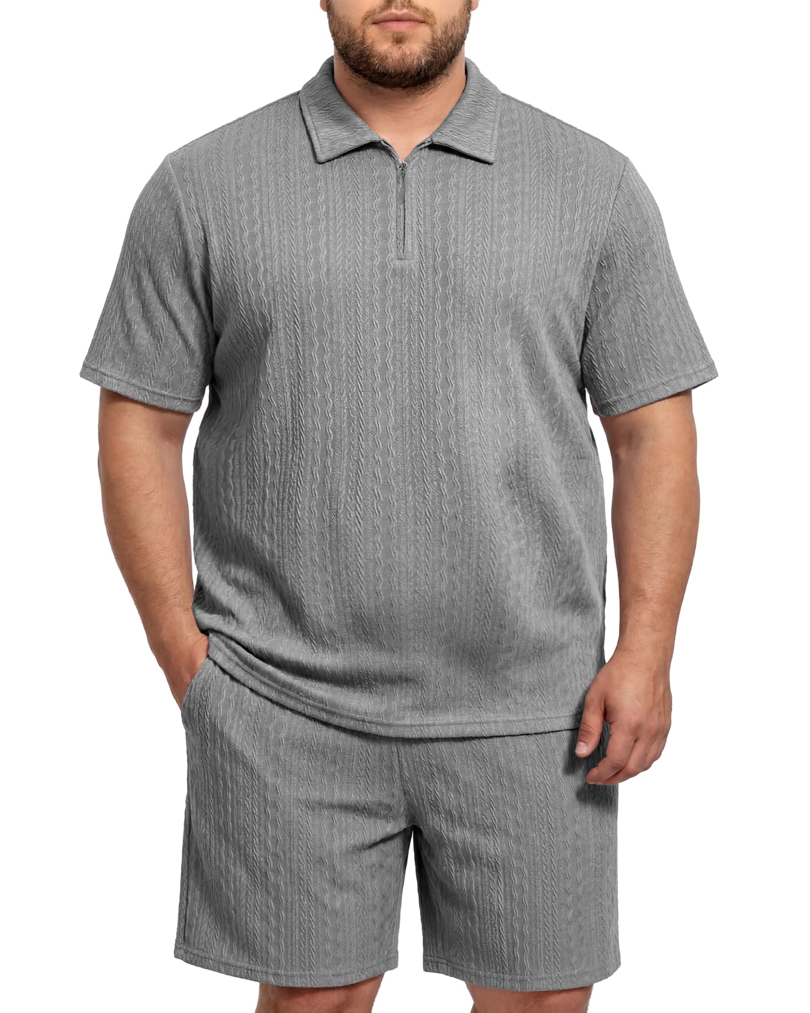 Sovneazy Big and Tall 2 Piece Outfits for Men Polo Shirt and Short Sets Quarter Zip Textured Summer Clothes, Black 2XL