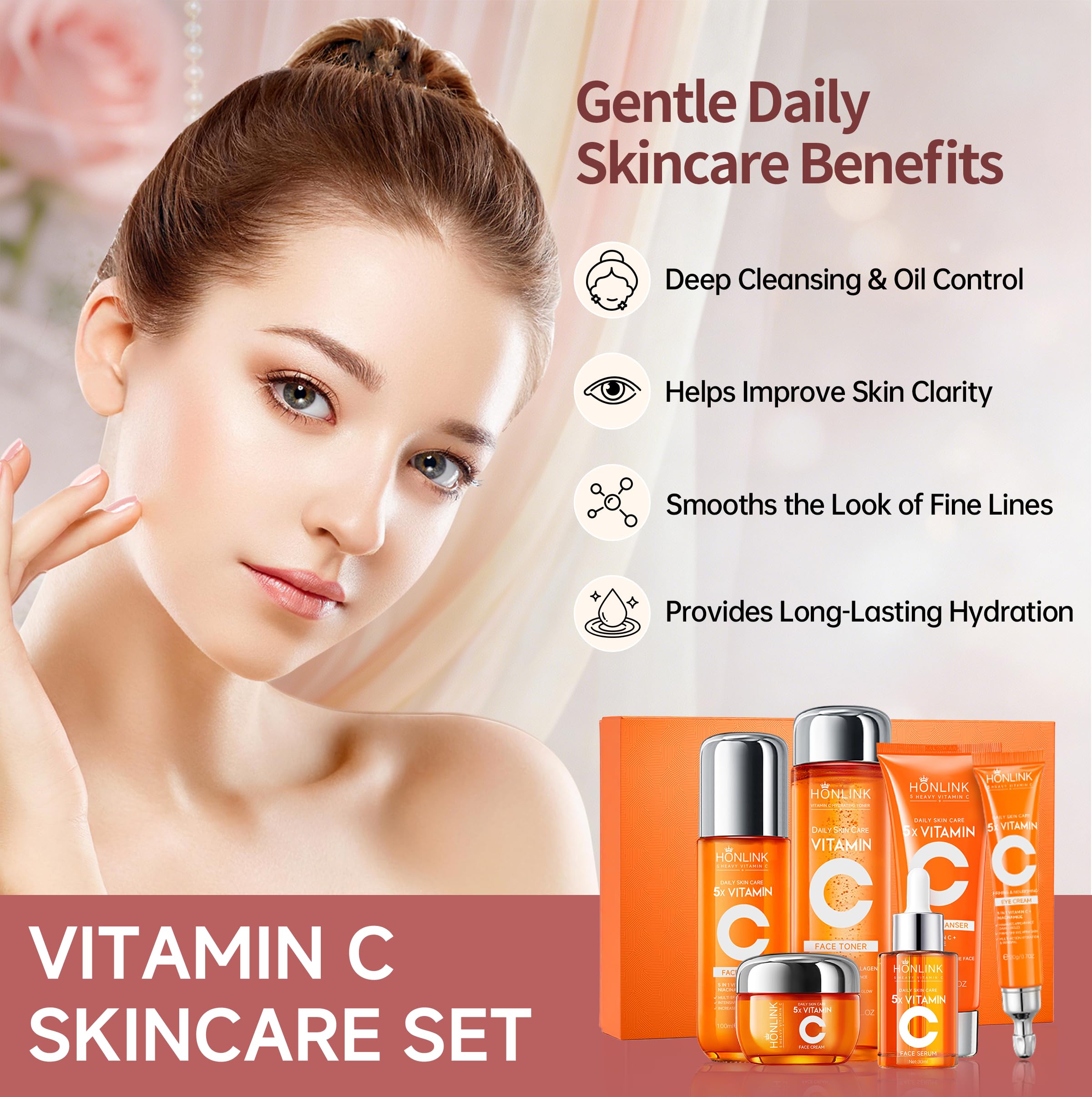 SADOER 6-Piece Hydrating Skincare Set with Vitamin C & Niacinamide – Daily Face Care Kit Includes Toner, Serum, Cleanser,Moisturizer, Eye Cream & Body Lotion | All Skin Types