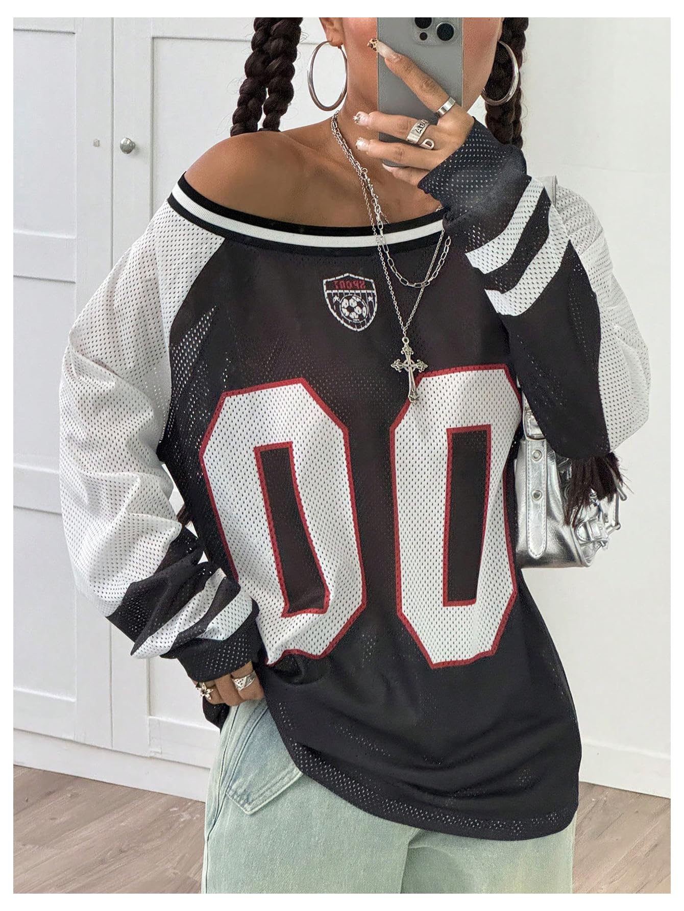 BEAUDRM Women's Y2k Mesh Jersey Shirts Sheer Graphic Tees Oversized Off The Shoulder Long Sleeve Tops Streetwear