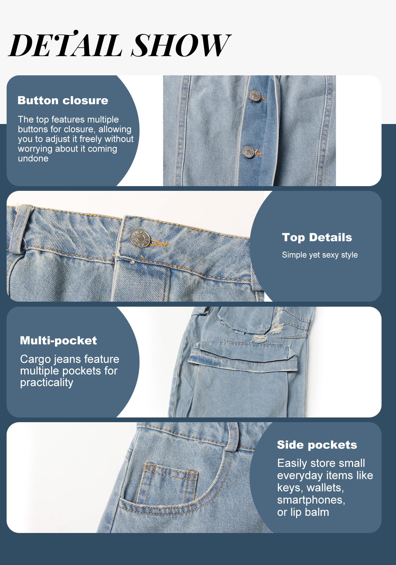 LKOUS Casual Cargo Denim Jumpsuit for Women, Elastic Stretch Multi Pockets Button Down Straight Leg Jeans Jumpsuits