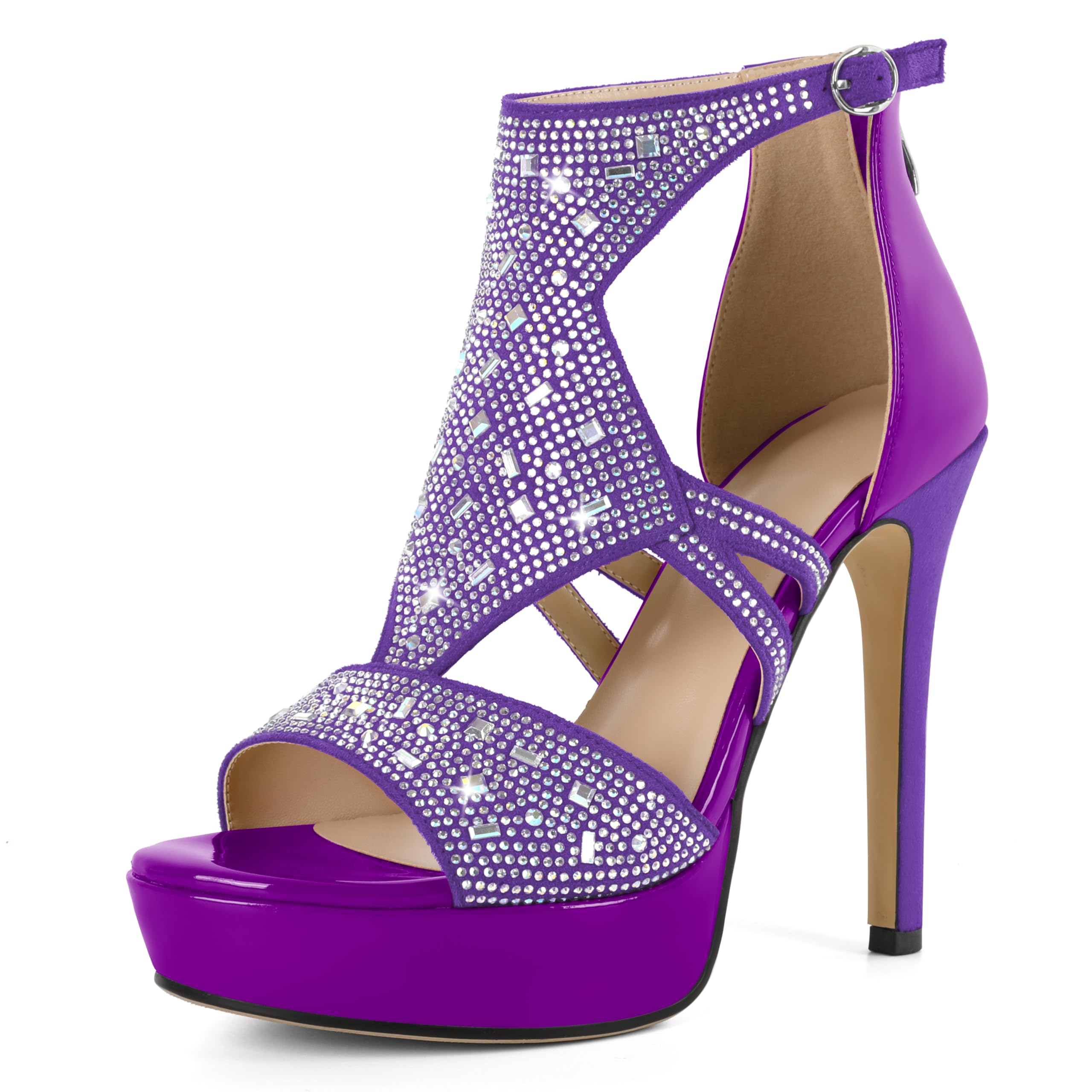 Eldof High Heeled Sandals for Women, Open Toe Strappy Platform Sandals, Cutout Gladiator Heels with Rinestones, Pumps Shoes for Dress Party Evening Summer