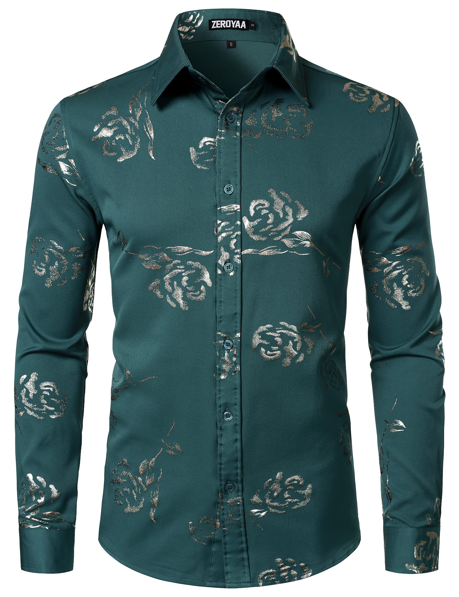 ZEROYAA Mens Hipster Rose Printed Slim Fit Long Sleeve Dress Shirts Prom Performing Shirts