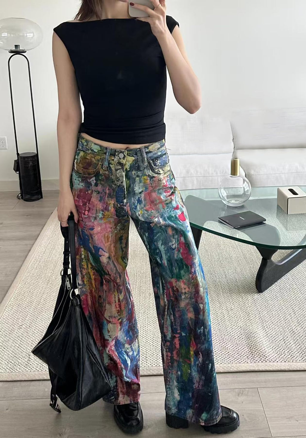 NRTHYE Womens Summer Colorful Graffiti Baggy Jeans Casual High Waist Wide Leg Streetwear Denim Cargo Print Pant Trousers