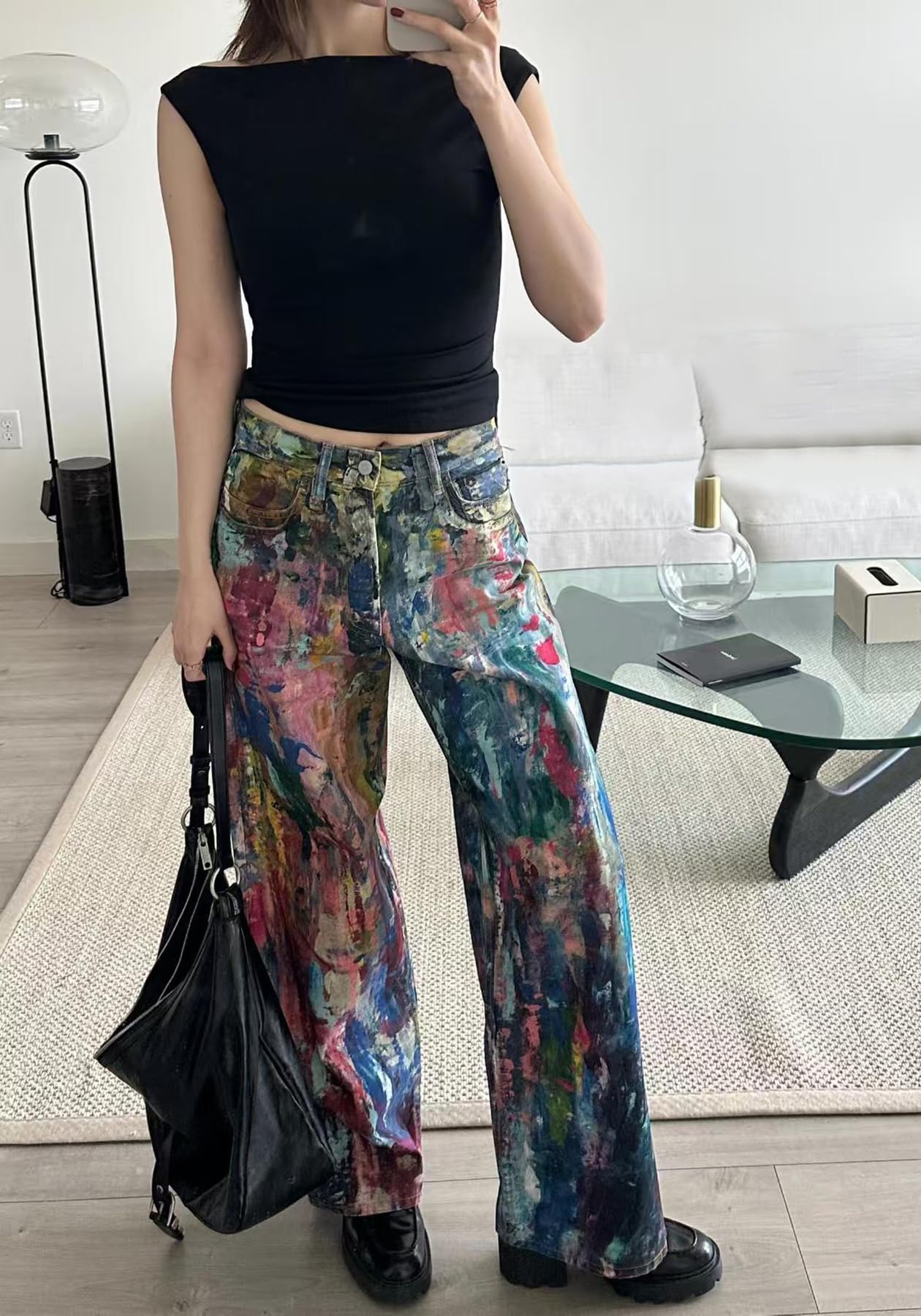 NRTHYE Womens Summer Colorful Graffiti Baggy Jeans Casual High Waist Wide Leg Streetwear Denim Cargo Print Pant Trousers