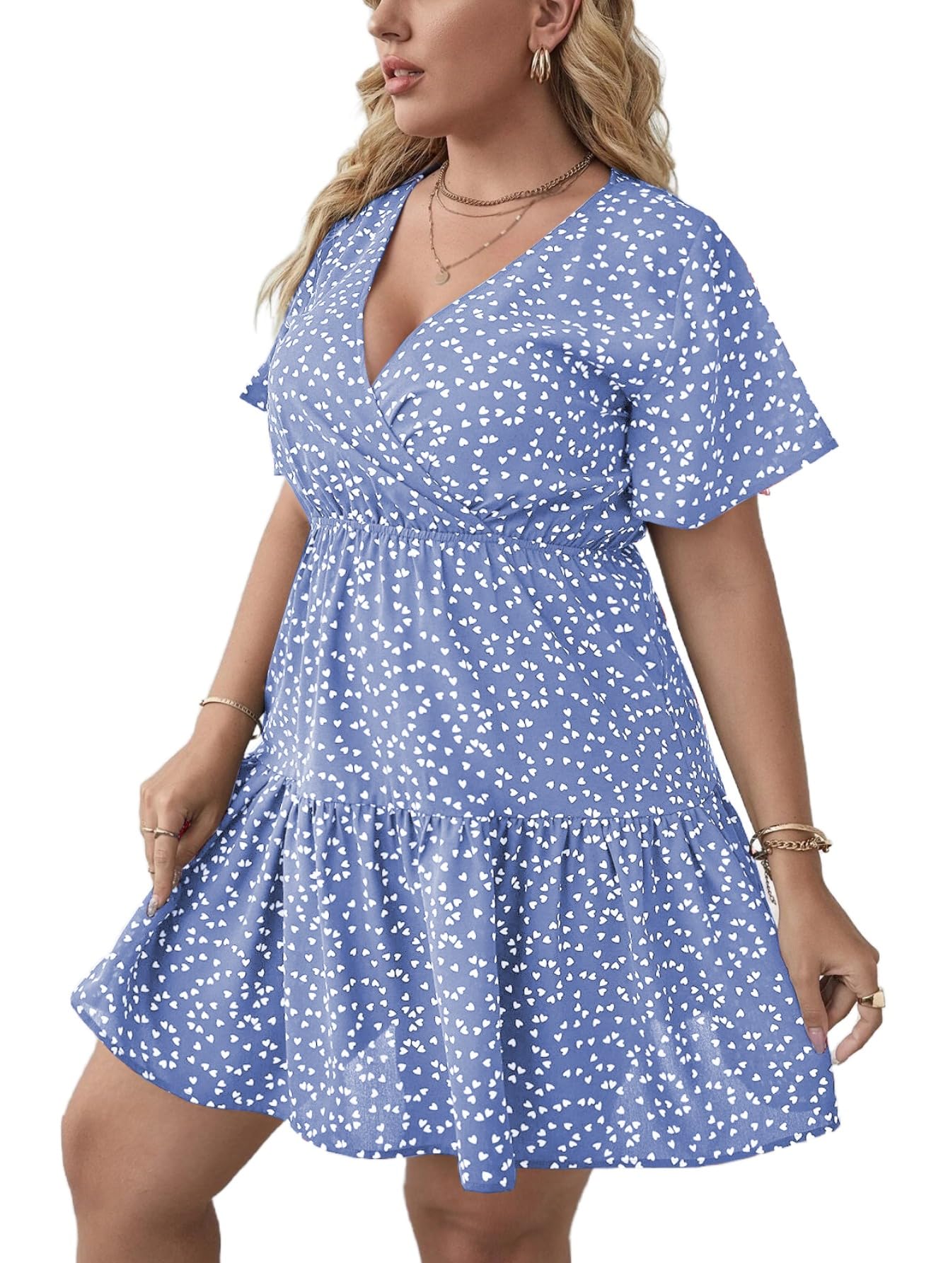 Floerns Women's Plus Size Summer Vacation Wrap V Neck Short Sleeve Ruffle Hem A Line Hawaiian Short Dress