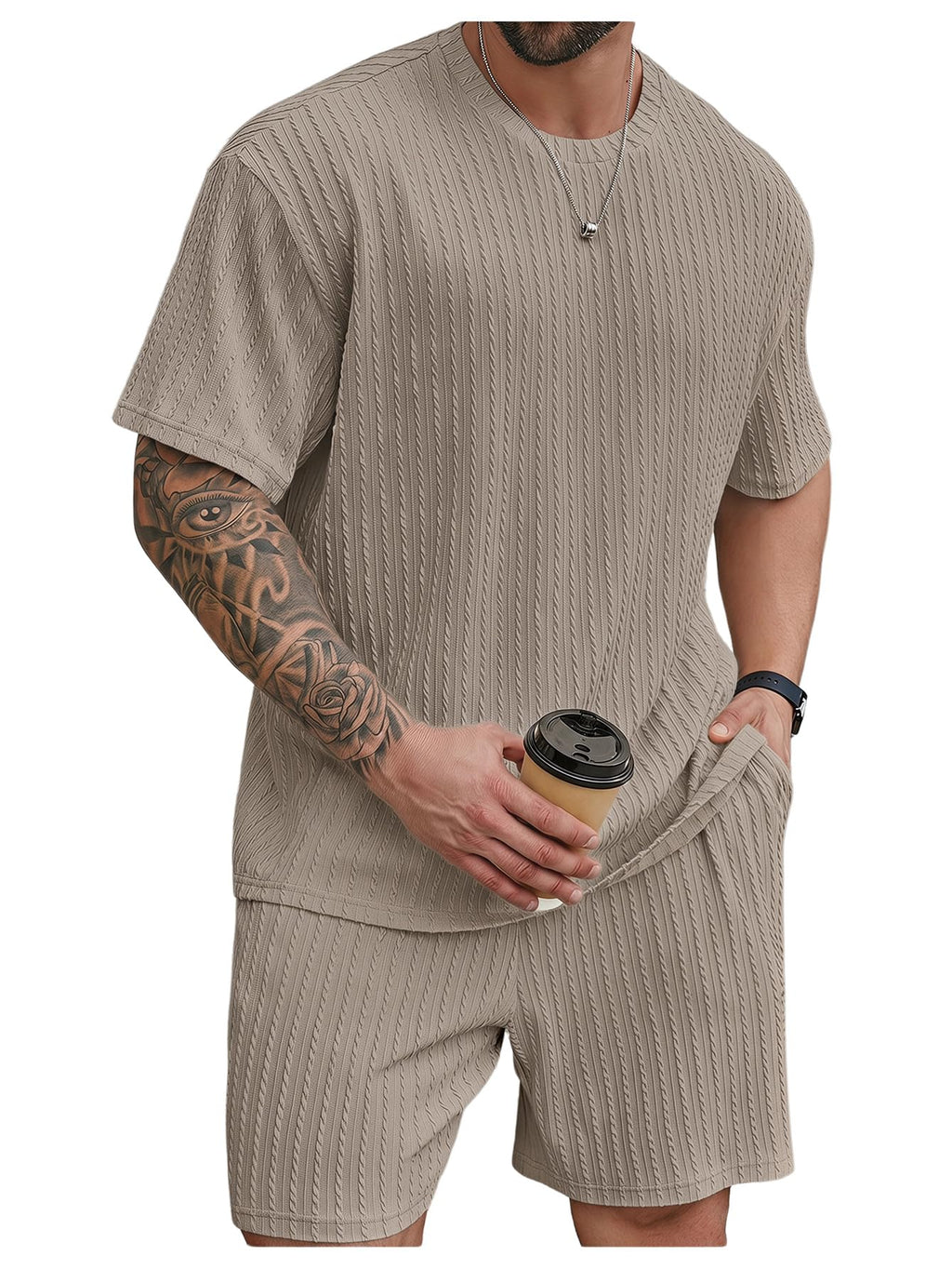 RoseSeek Men's Big and Tall 2 Piece Summer Outfits Textured Drop Shoulder T Shirt and Short Sets Tracksuit