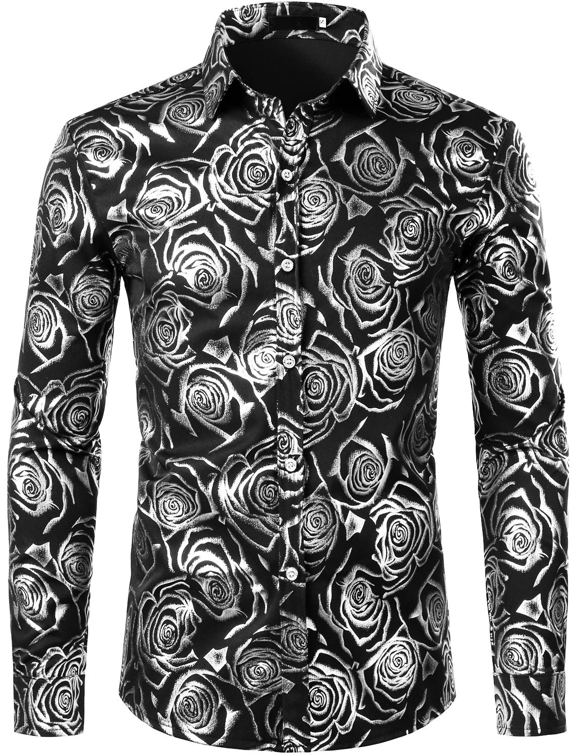 ZEROYAA Mens Hipster Rose Printed Slim Fit Long Sleeve Dress Shirts Prom Performing Shirts