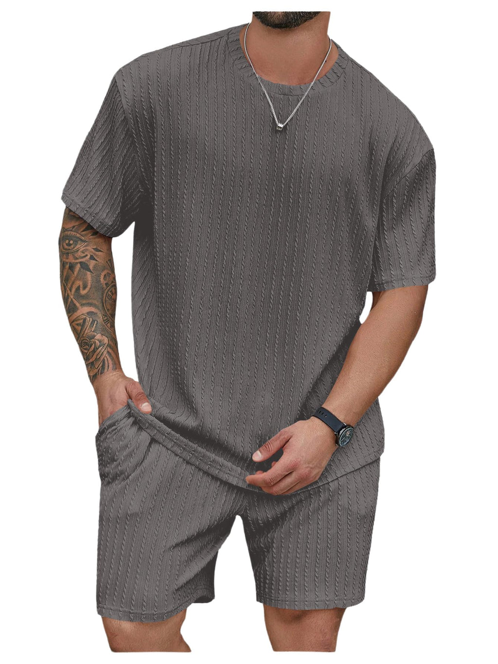 RoseSeek Men's Big and Tall 2 Piece Summer Outfits Textured Drop Shoulder T Shirt and Short Sets Tracksuit