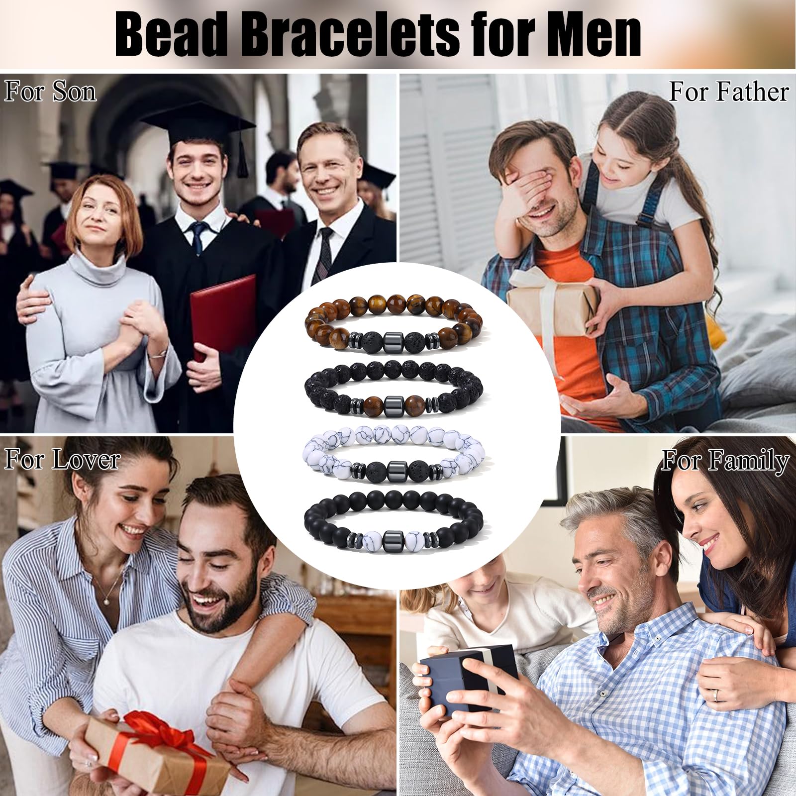 Giovanchi 4-12PCS Bracelets for Men, 8MM Mens Bracelets Lava Rock Black Obsidian Howlite Tiger Eye Beaded Natural Stone Bracelet Jewelry Gifts for Birthday Christmas