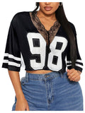 SOLY HUX Women's Number Graphic Tees Lace V Neck Half Sleeve Crop Tops Jersey Shirt Y2k Streetwear