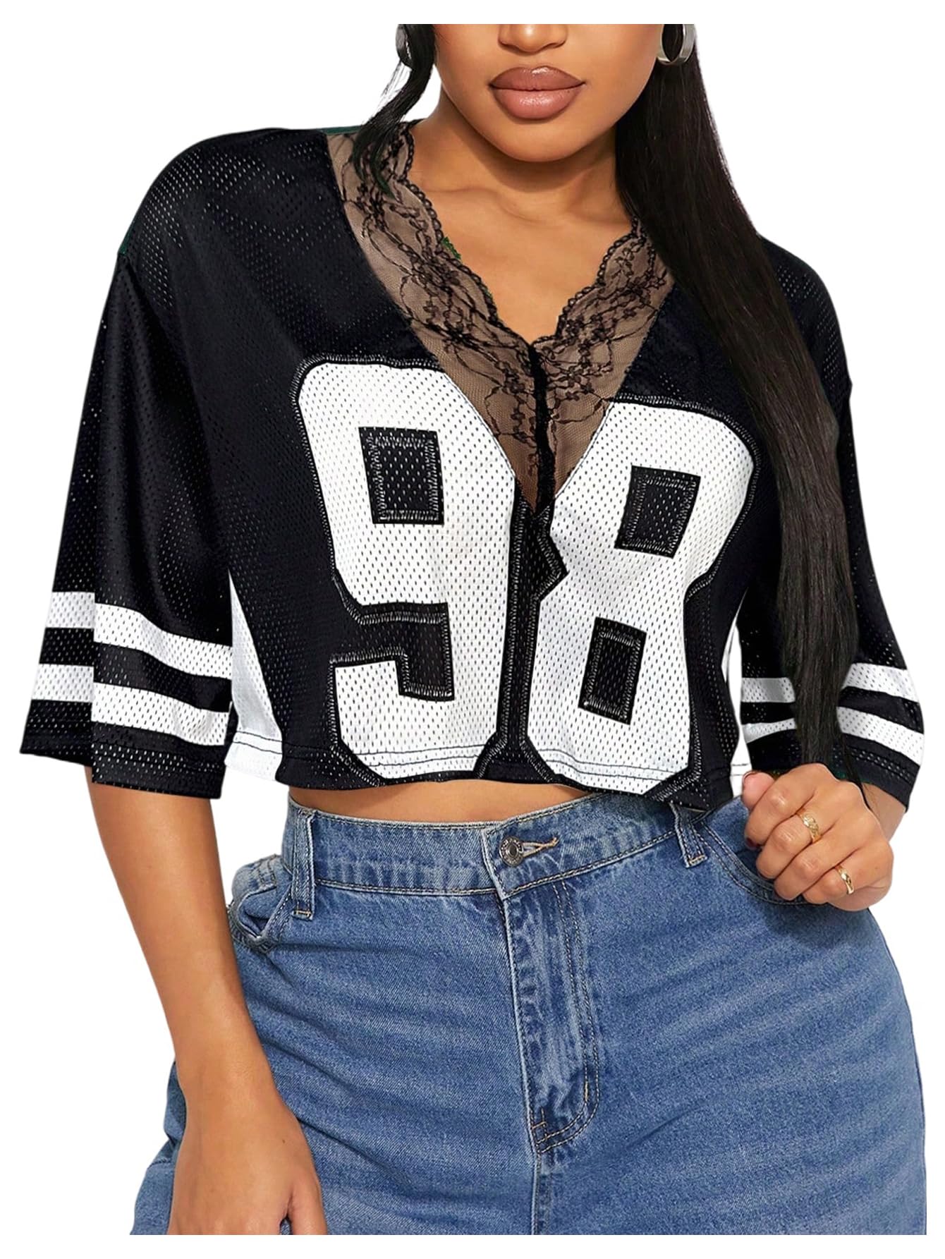 SOLY HUX Women's Number Graphic Tees Lace V Neck Half Sleeve Crop Tops Jersey Shirt Y2k Streetwear