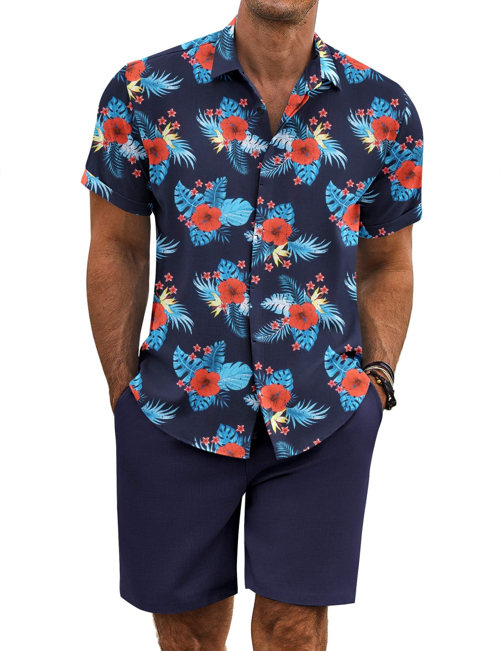 COOFANDY Men's Summer Beach Outfits 2 Piece Short Sleeve Shirts and Shorts Vacation Texture Linen Sets for Men