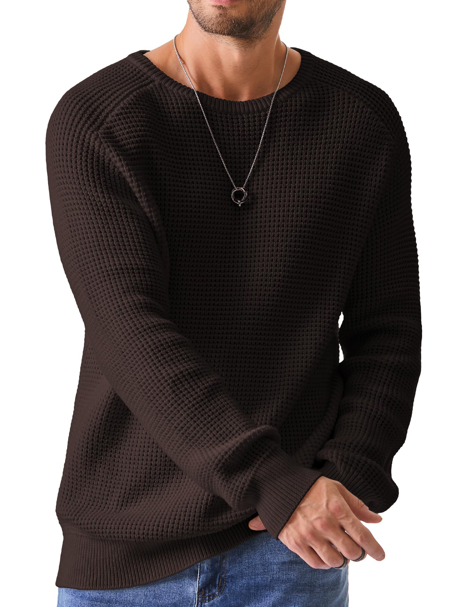 JMIERR Men's Crewneck Pullover Sweater Waffle Textured Knitted Sweaters Casual Loose Fit Sweaters with Ribbing Edge
