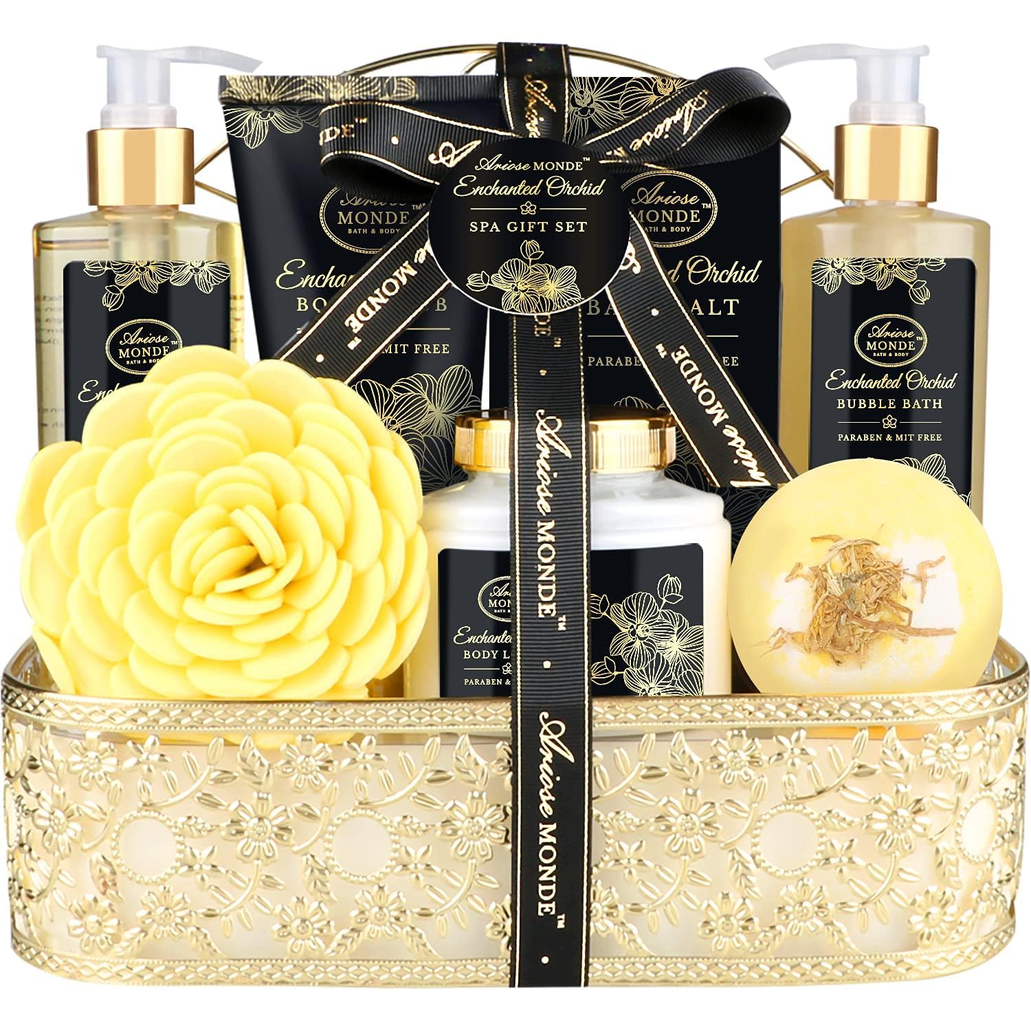 Bath Spa Gift Basket Set for Women, Enchanted Orchid Scent, Home Spa Gift Box with Shower Gel, Bubble Bath, Body Lotion, Body Scrub, Bath Bomb, Bath Salt, Bath & Body Gift Set