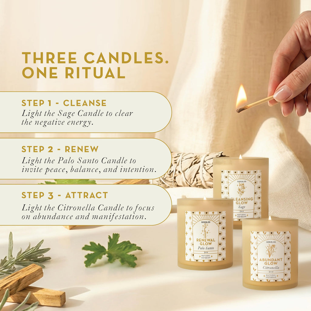 Serebliss Candle Set - 3 Pack Soy Wax Aromatherapy Scented Candles for Energy Cleansing, Manifestation, Palo Santo, Sage, Citronella, Long Lasting, Gift for Women, for her, Smudge Kit