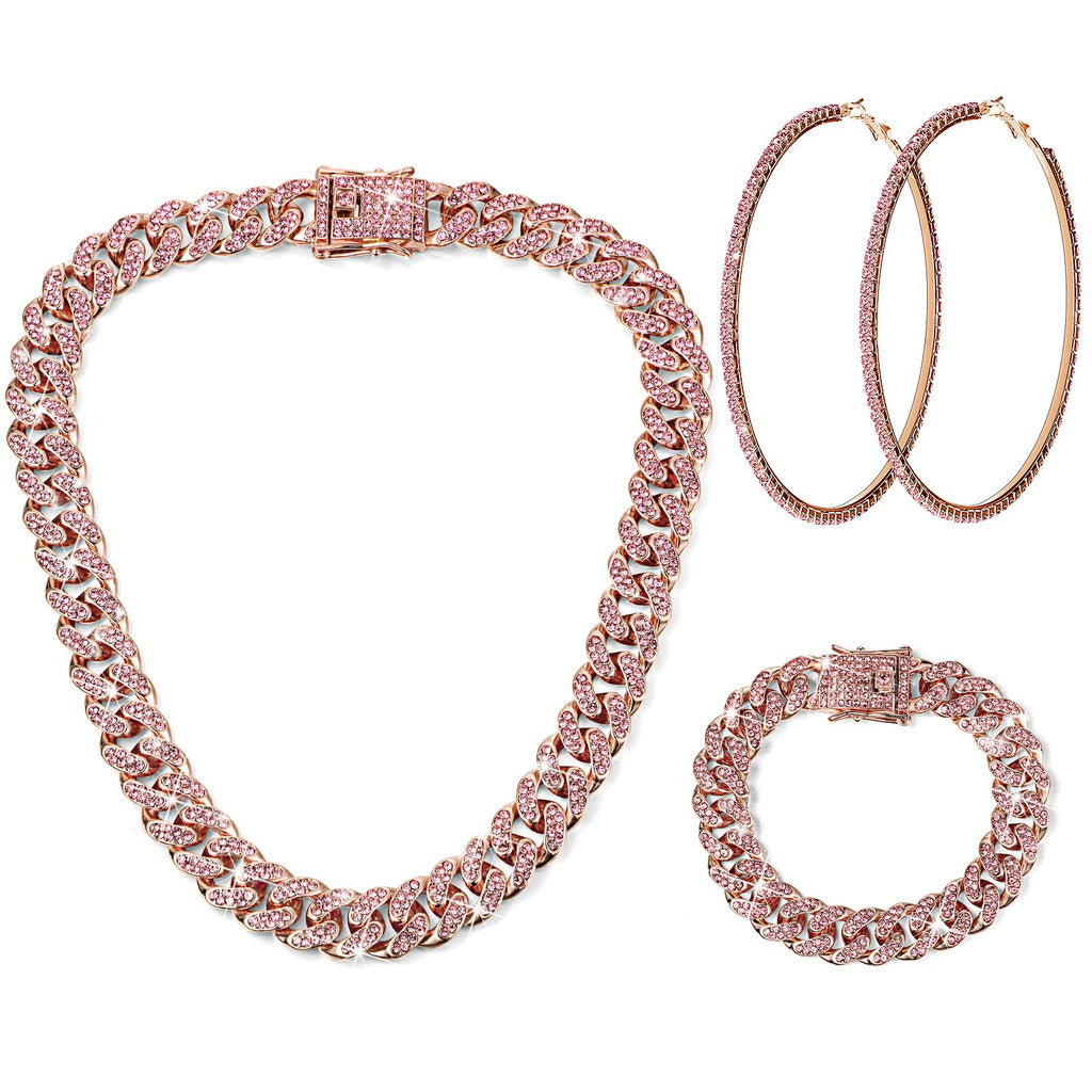 Batiyeer 3 Pcs Cuban Link Chain Necklace Bracelet Rhinestone Hoop Earrings Bling Crystal Hip Hop Jewelry for Women