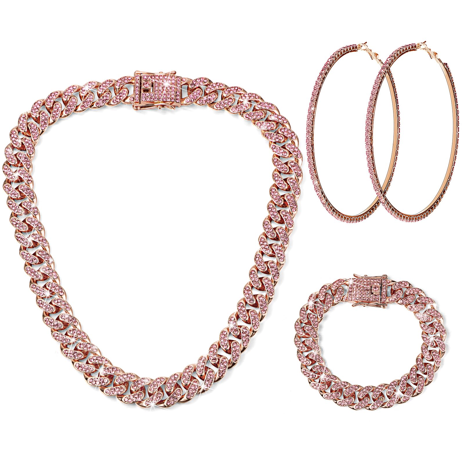 Batiyeer 3 Pcs Cuban Link Chain Necklace Bracelet Rhinestone Hoop Earrings Bling Crystal Hip Hop Jewelry for Women