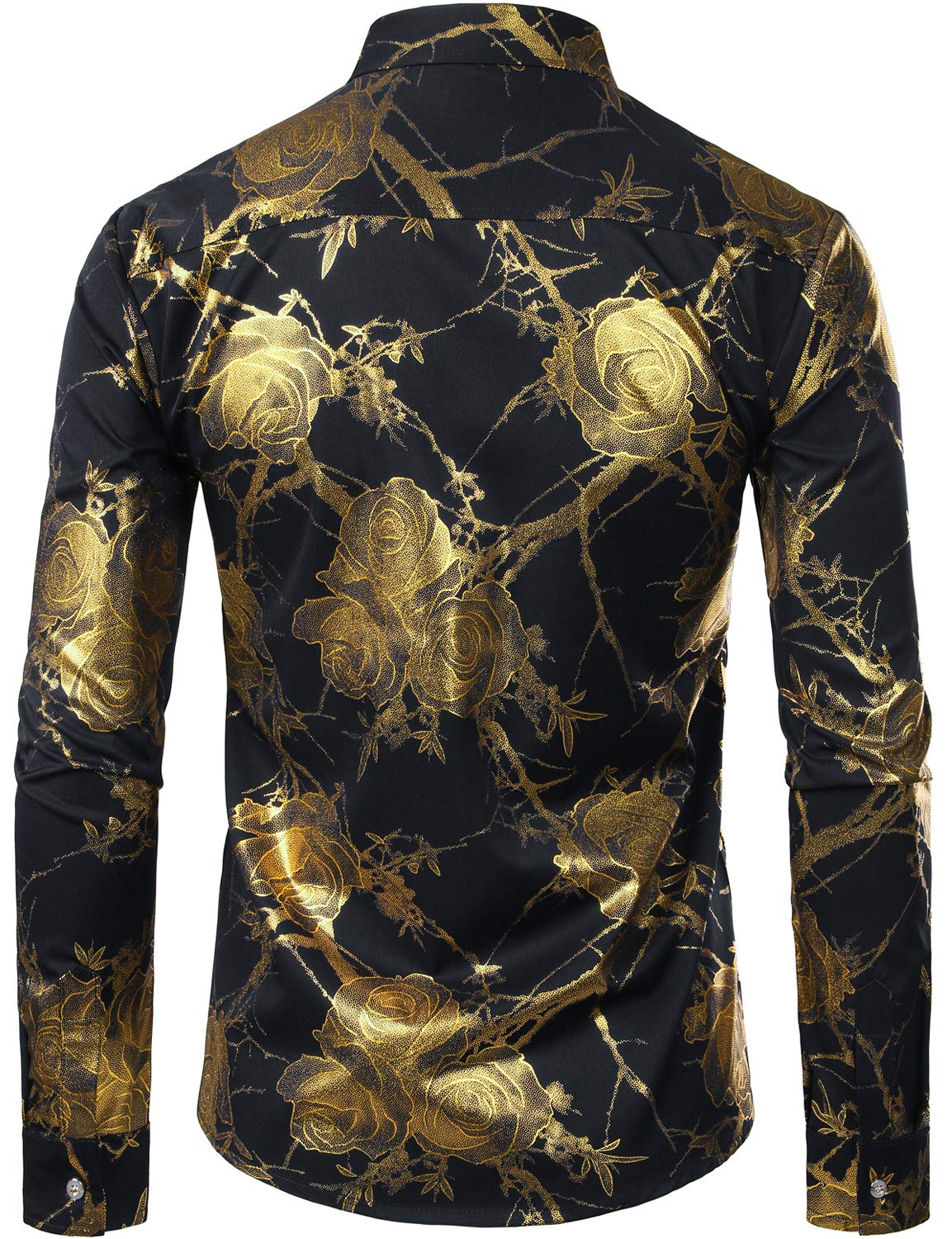 ZEROYAA Mens Hipster 3D Golden Rose Floral Printed Slim Fit Long Sleeve Button Down Dress Shirts