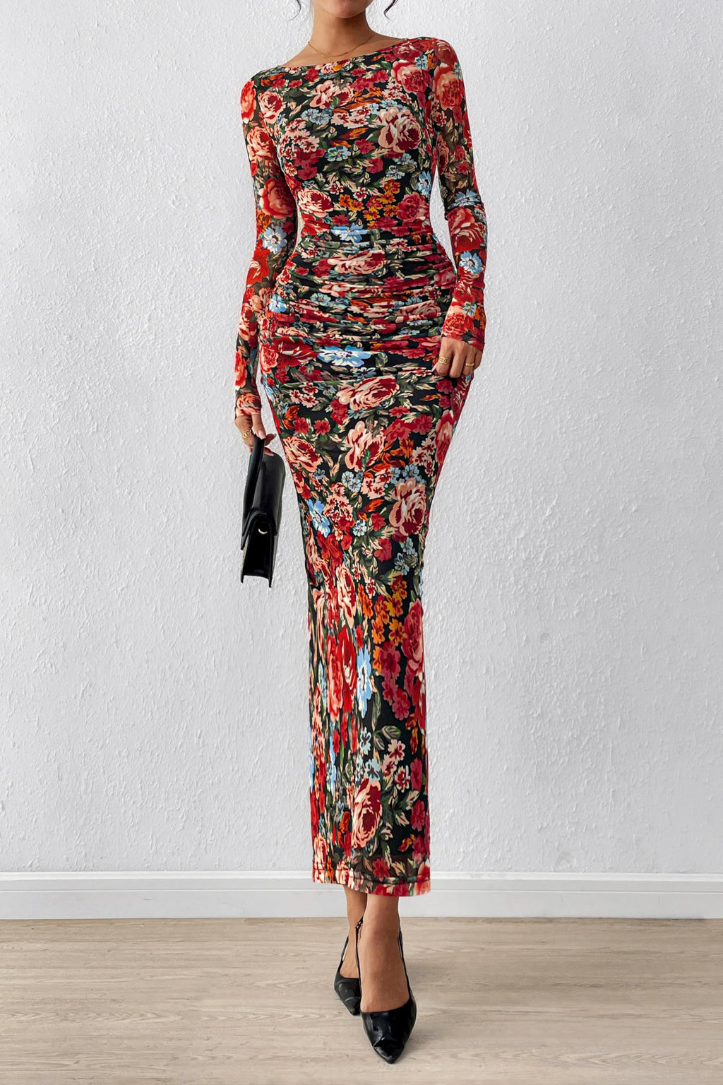 PRETTYGARDEN Women's Long Sleeve Bodycon Dresses 2026 Spring Sexy Floral Mesh Slit Ruched Tight Maxi Wedding Guest Dress