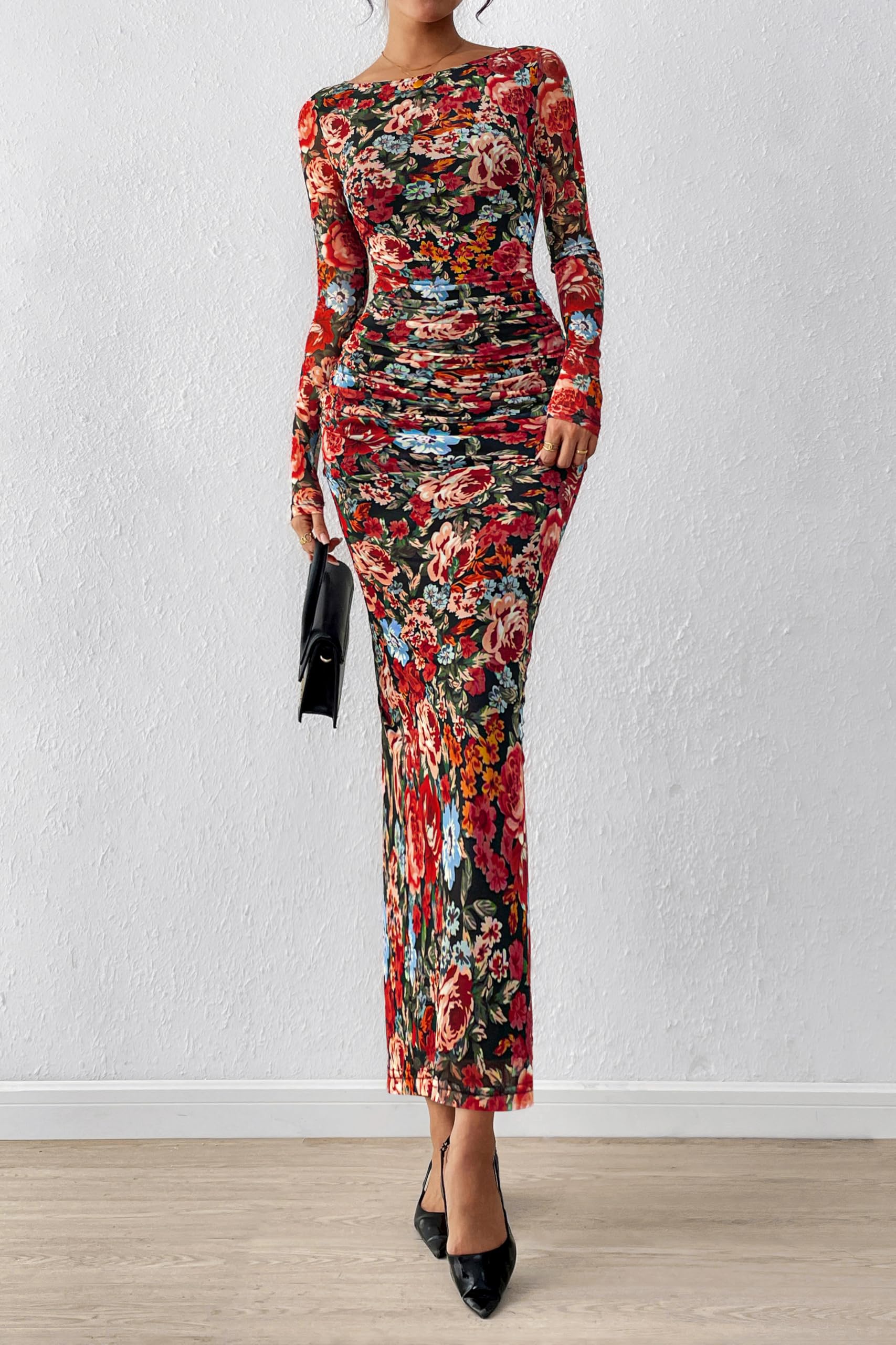 PRETTYGARDEN Women's Long Sleeve Bodycon Dresses 2026 Spring Sexy Floral Mesh Slit Ruched Tight Maxi Wedding Guest Dress