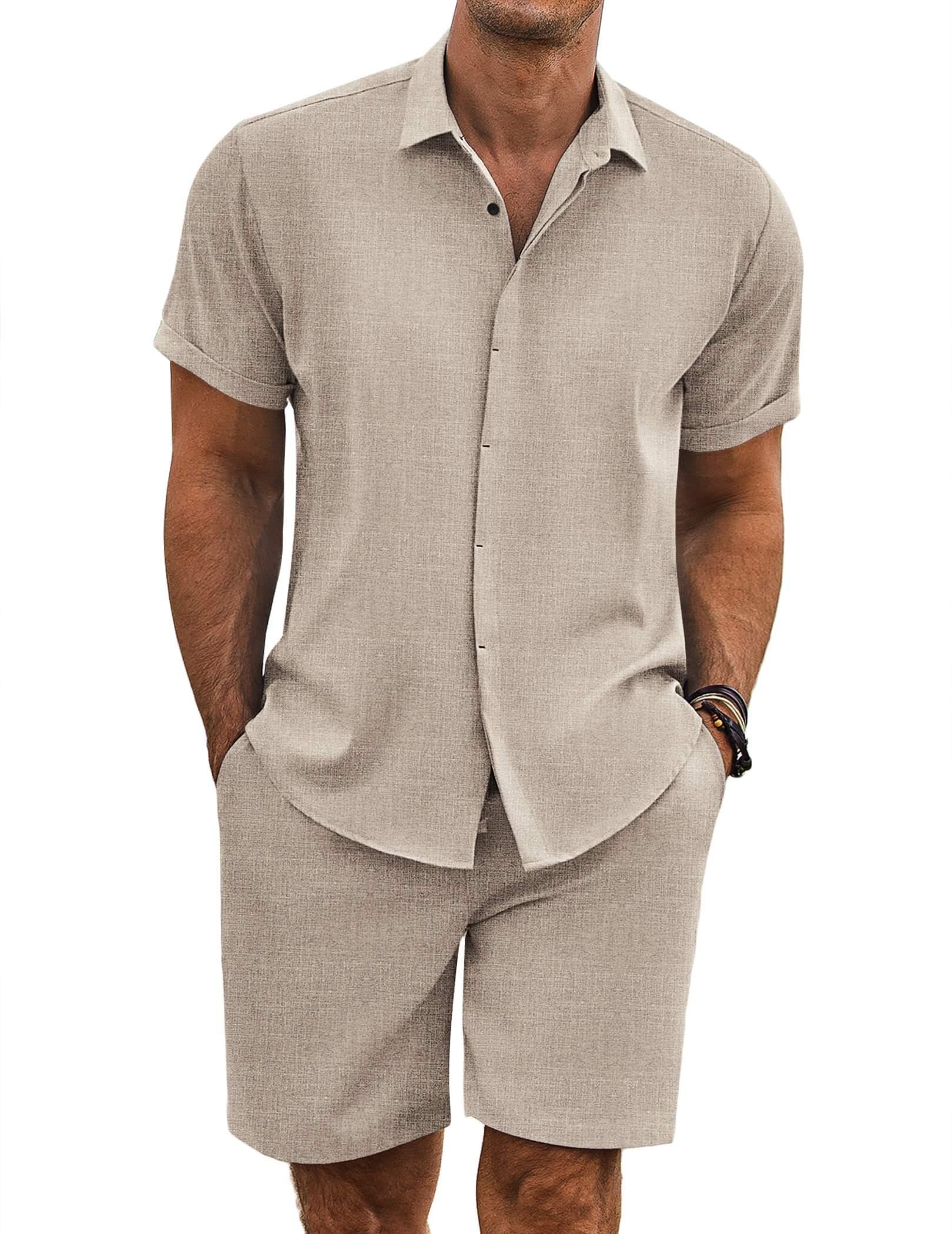COOFANDY Men's Summer Beach Outfits 2 Piece Short Sleeve Shirts and Shorts Vacation Texture Linen Sets for Men