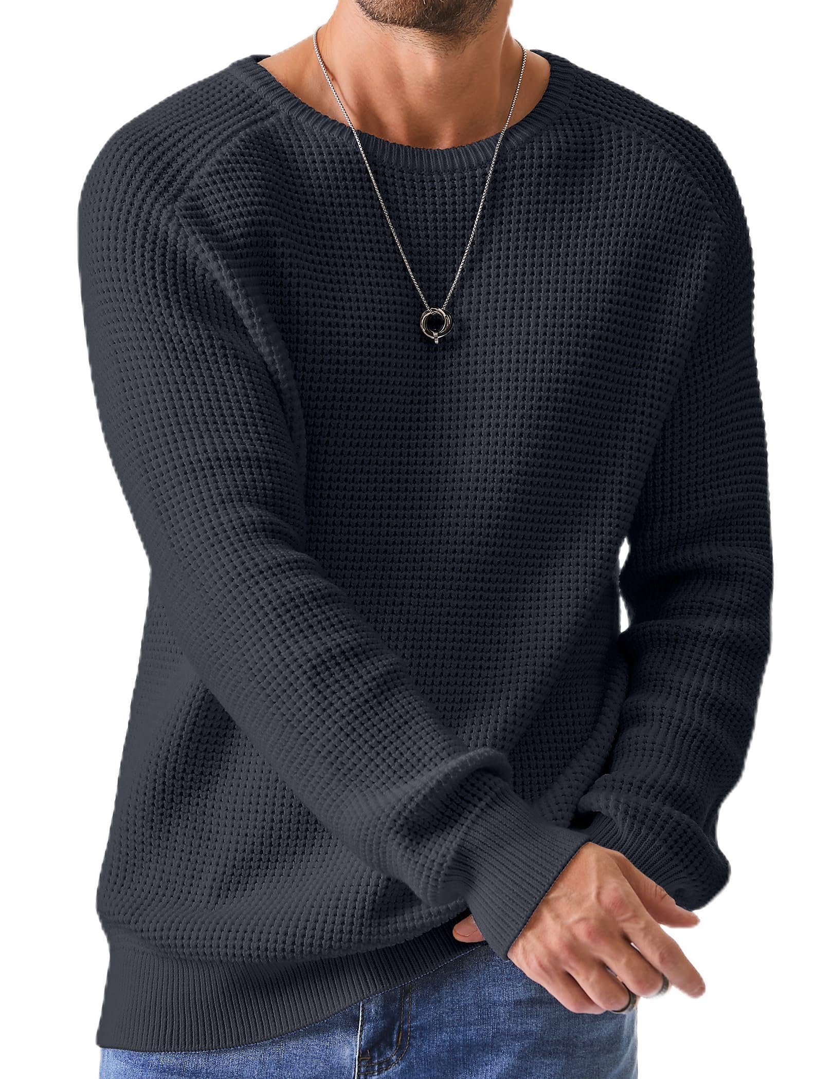 JMIERR Men's Crewneck Pullover Sweater Waffle Textured Knitted Sweaters Casual Loose Fit Sweaters with Ribbing Edge