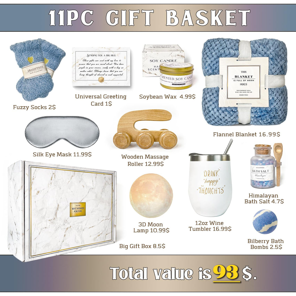 AHAGIFTREE Gift Baskets for Women,11PC Care Package with Moon Lamp,Grief,Get Well Soon After Surgery,Birthday,Think of You,Thank You,Sympathy