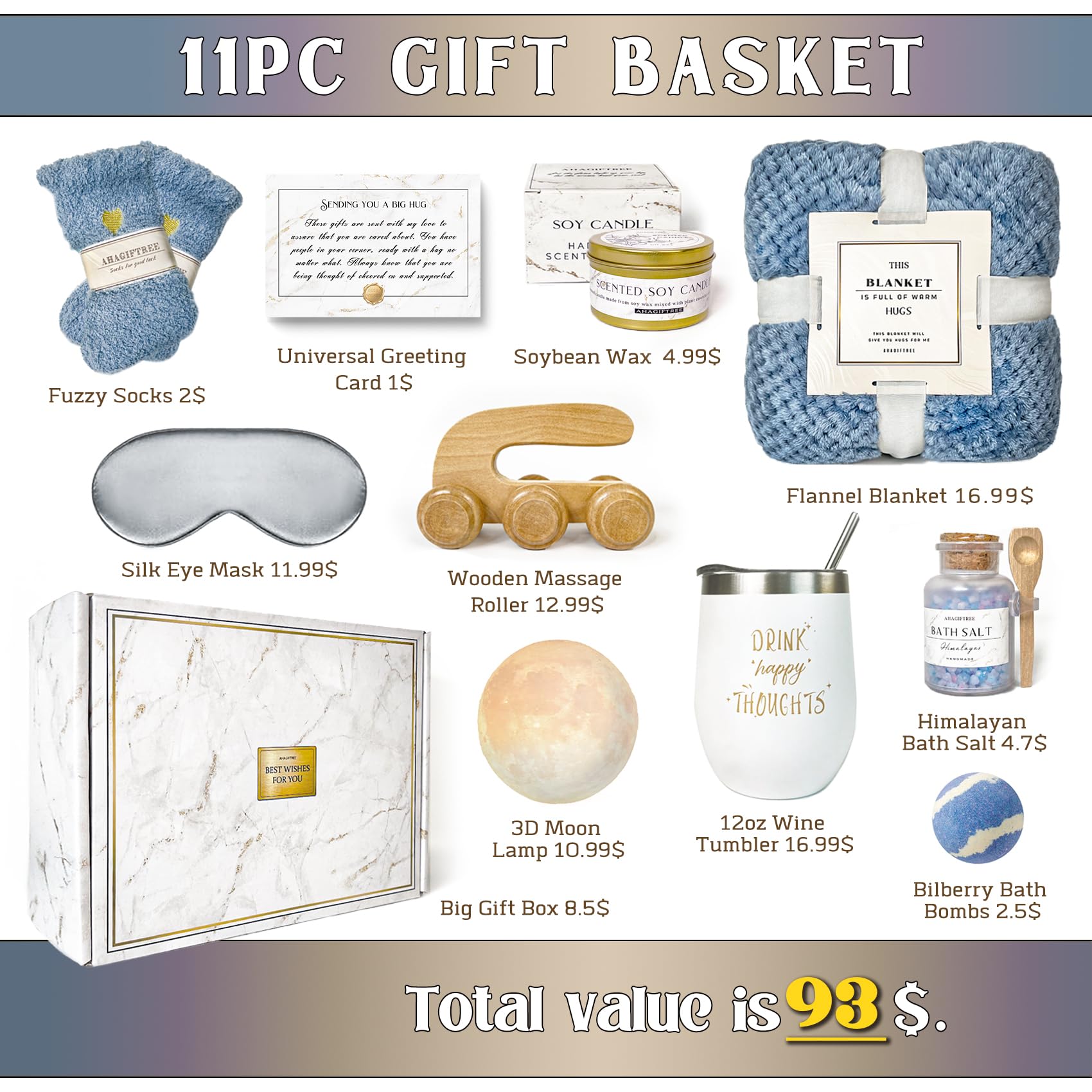 AHAGIFTREE Gift Baskets for Women,11PC Care Package with Moon Lamp,Grief,Get Well Soon After Surgery,Birthday,Think of You,Thank You,Sympathy