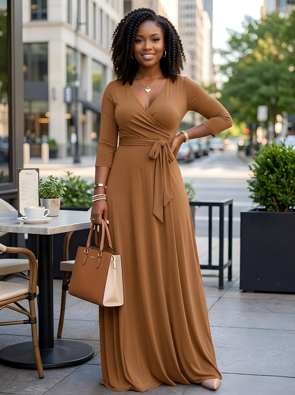PinkPatty Women's Plus Size Maxi Dresses Casual Flowy 3/4 Sleeves Dress Printed Vacation Dress for Daily Wear with Belt