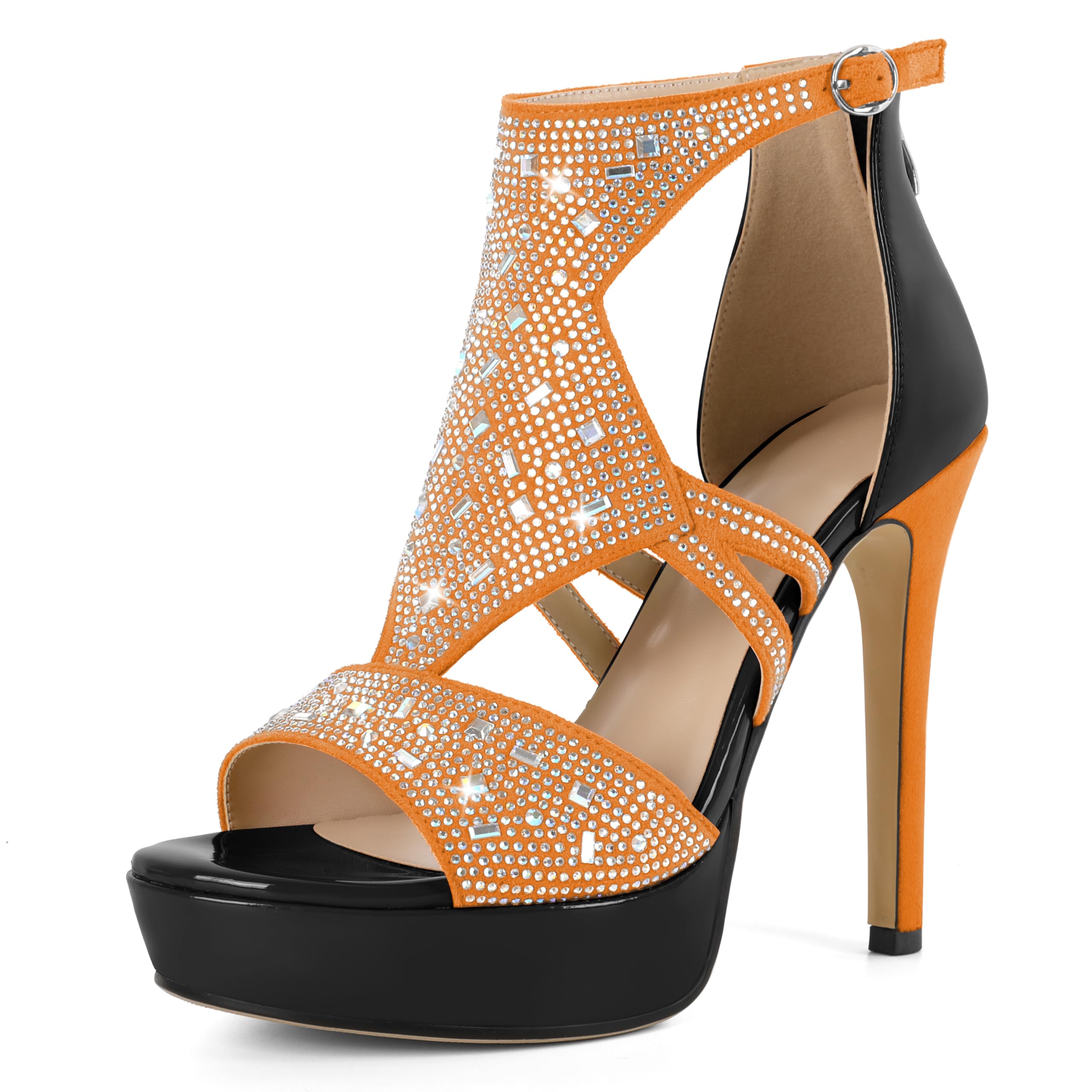 Eldof High Heeled Sandals for Women, Open Toe Strappy Platform Sandals, Cutout Gladiator Heels with Rinestones, Pumps Shoes for Dress Party Evening Summer