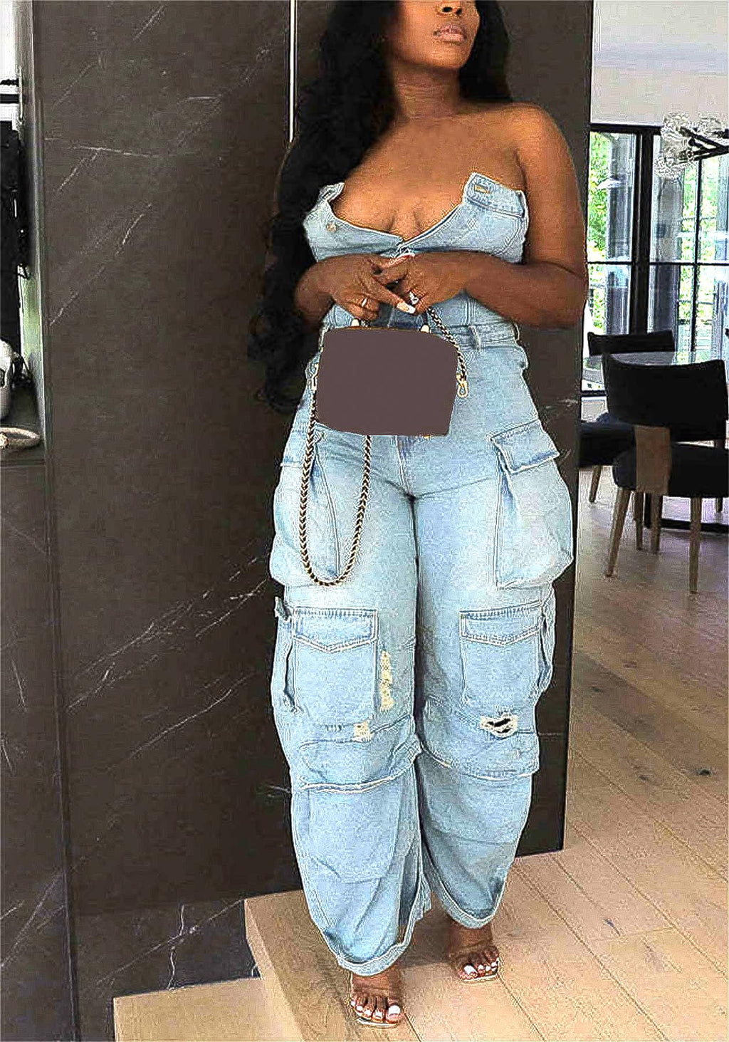 LKOUS Casual Cargo Denim Jumpsuit for Women, Elastic Stretch Multi Pockets Button Down Straight Leg Jeans Jumpsuits