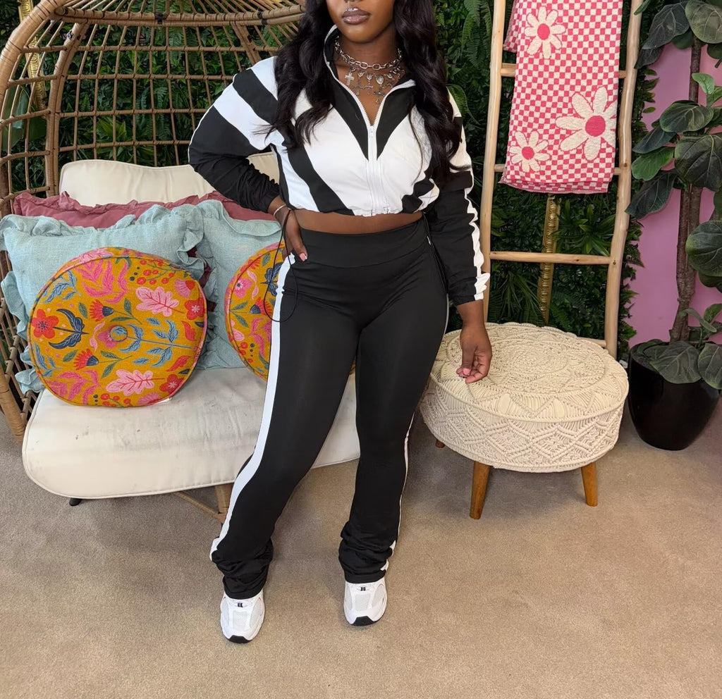 Remelon Womens 2 Piece Set Sweatsuit Color Block Long Sleeve Zip Up Cropped Jacket Legging Pants Set Tracksuit Jogger Outfits