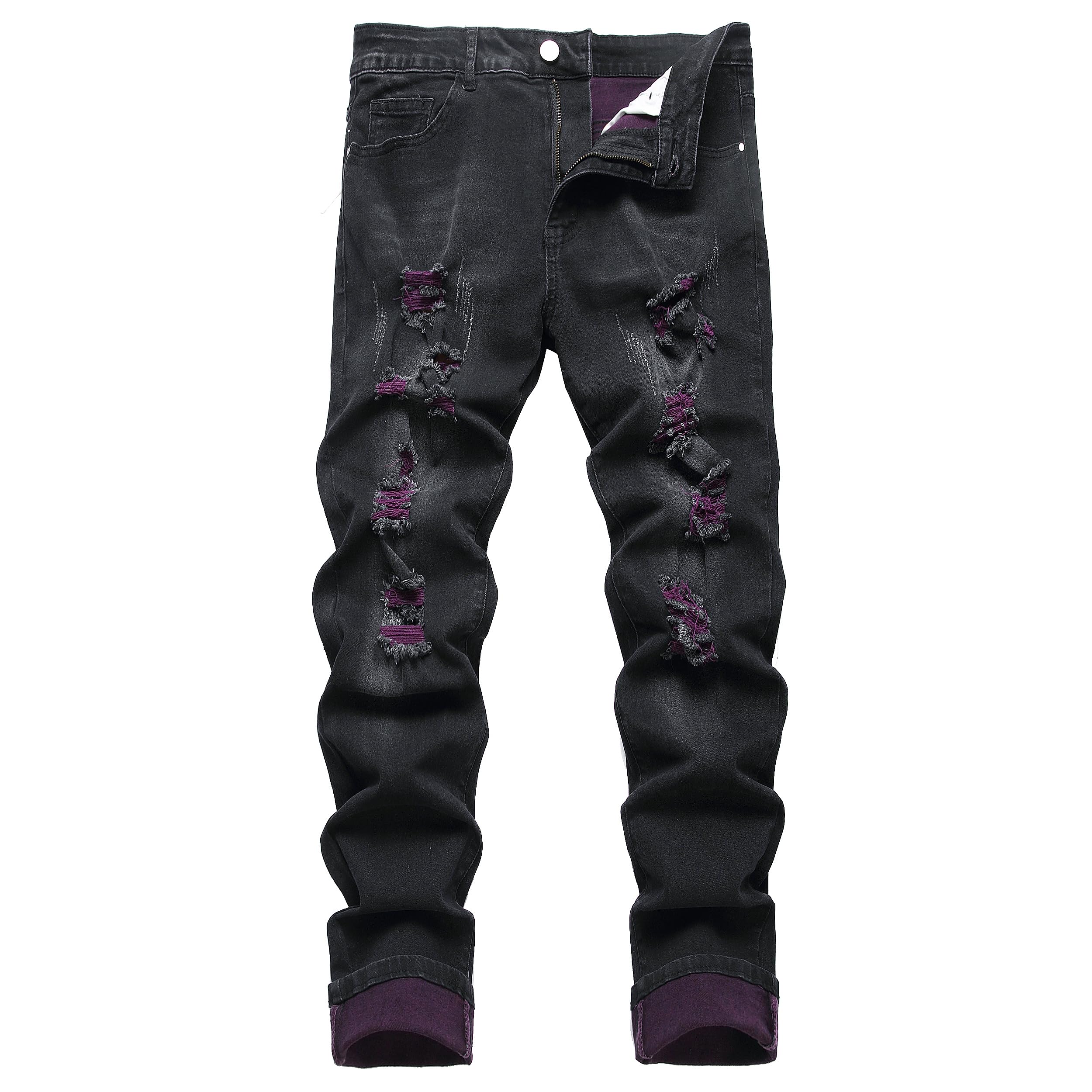 DANT BULUN Men's Ripped Distressed Destroyed Slim Fit Straight Leg Denim Jeans