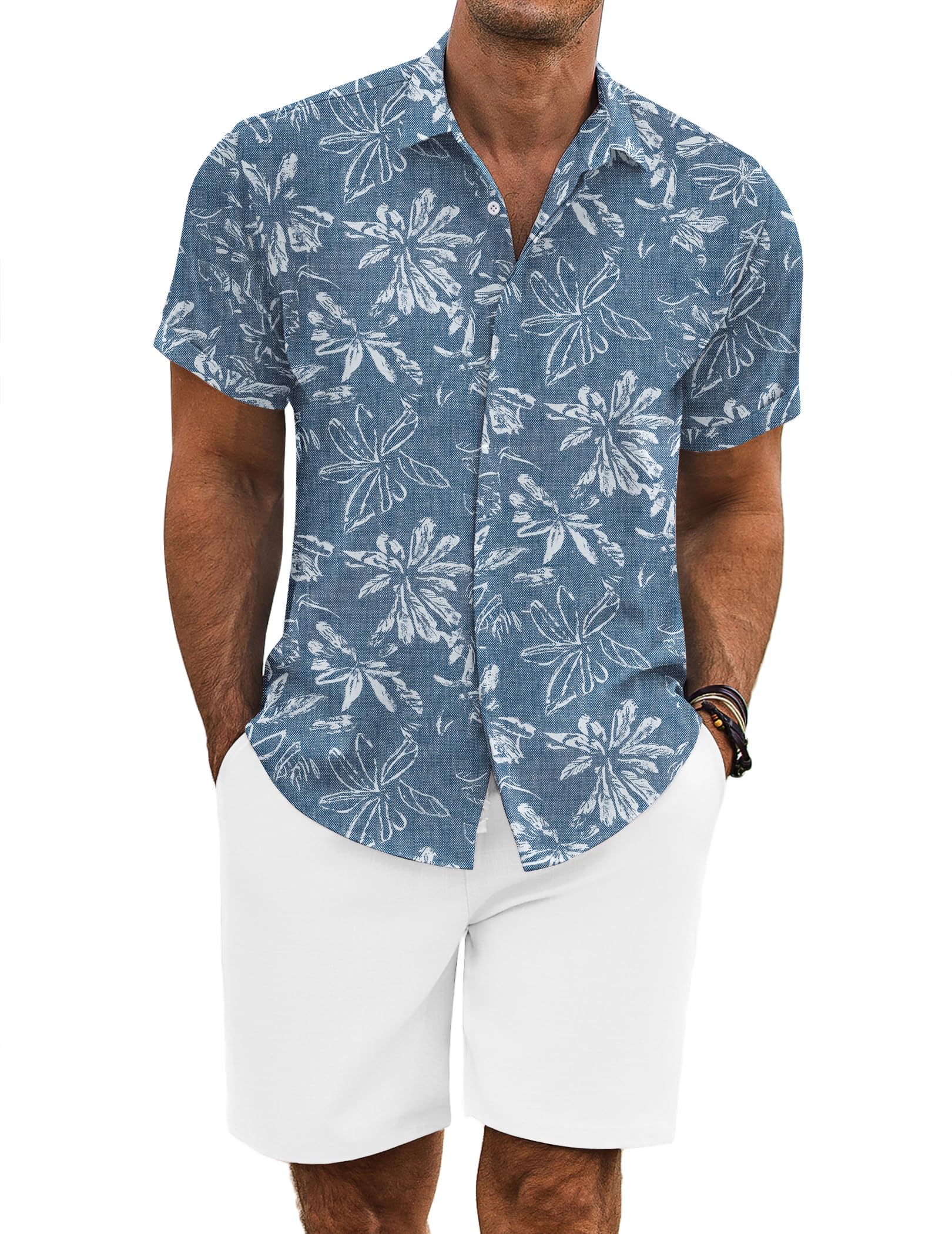 COOFANDY Men's Summer Beach Outfits 2 Piece Short Sleeve Shirts and Shorts Vacation Texture Linen Sets for Men