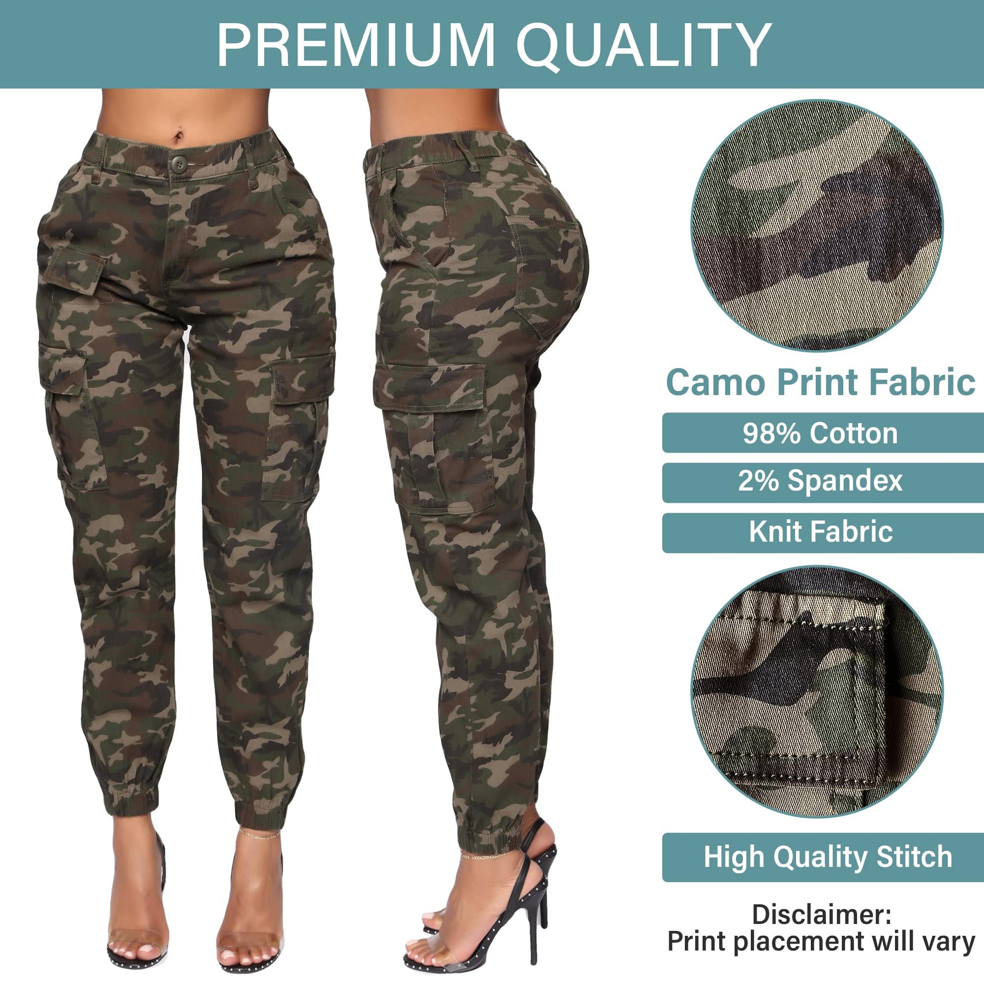 Double Denim January 5th Women's Plus Size High Waist Camouflage Cargo Jogger Elastic Waistband Casual Tapered Pants SCP-2049-BLACK-S