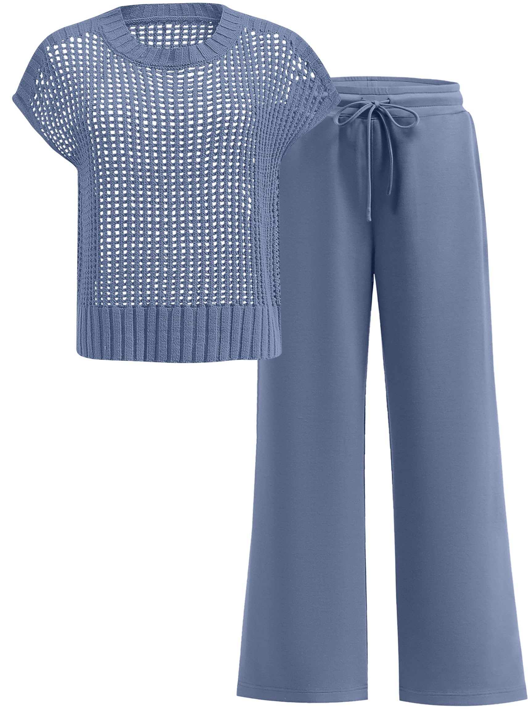 ANRABESS Women Two Piece Outfits Crochet Sheer Knit Sweater Top Wide Leg Pants Lounge Matching Sets Sweatsuit Travel Clothes