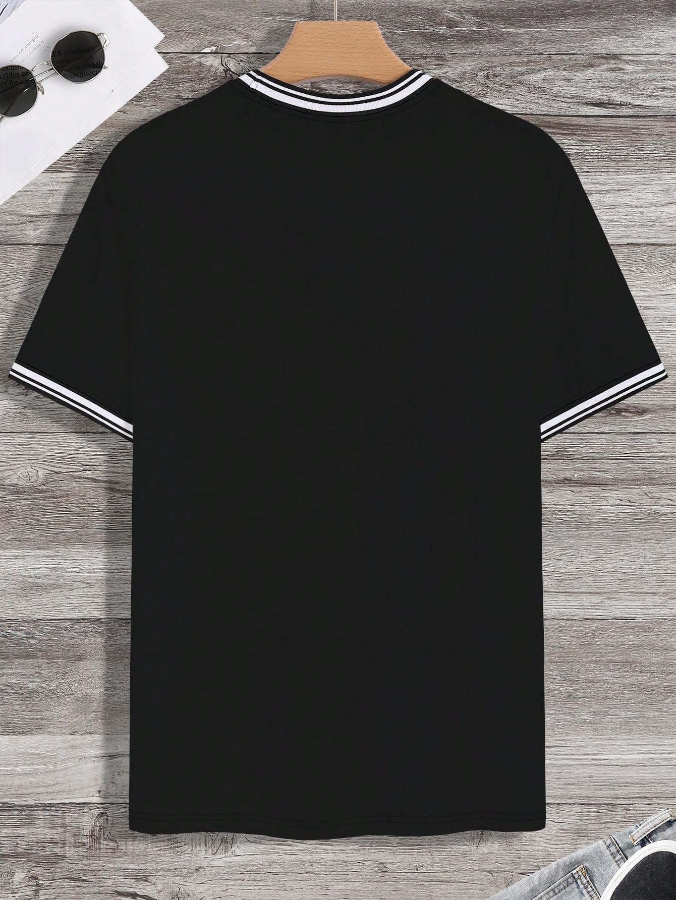 SOLY HUX Men's Crown Letter Print Striped Trim Tee Tops Short Sleeve Crew Neck Summer T Shirt