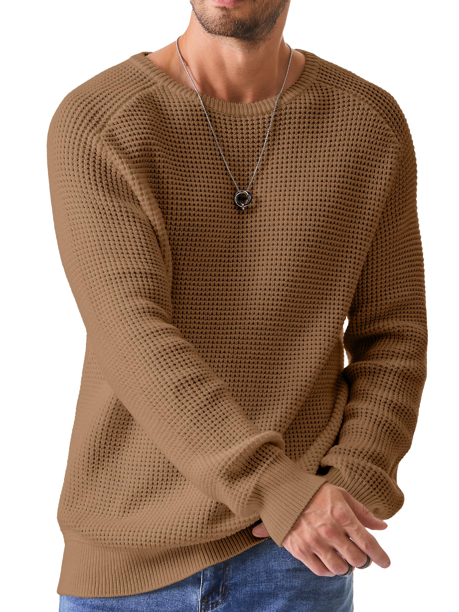 JMIERR Men's Crewneck Pullover Sweater Waffle Textured Knitted Sweaters Casual Loose Fit Sweaters with Ribbing Edge